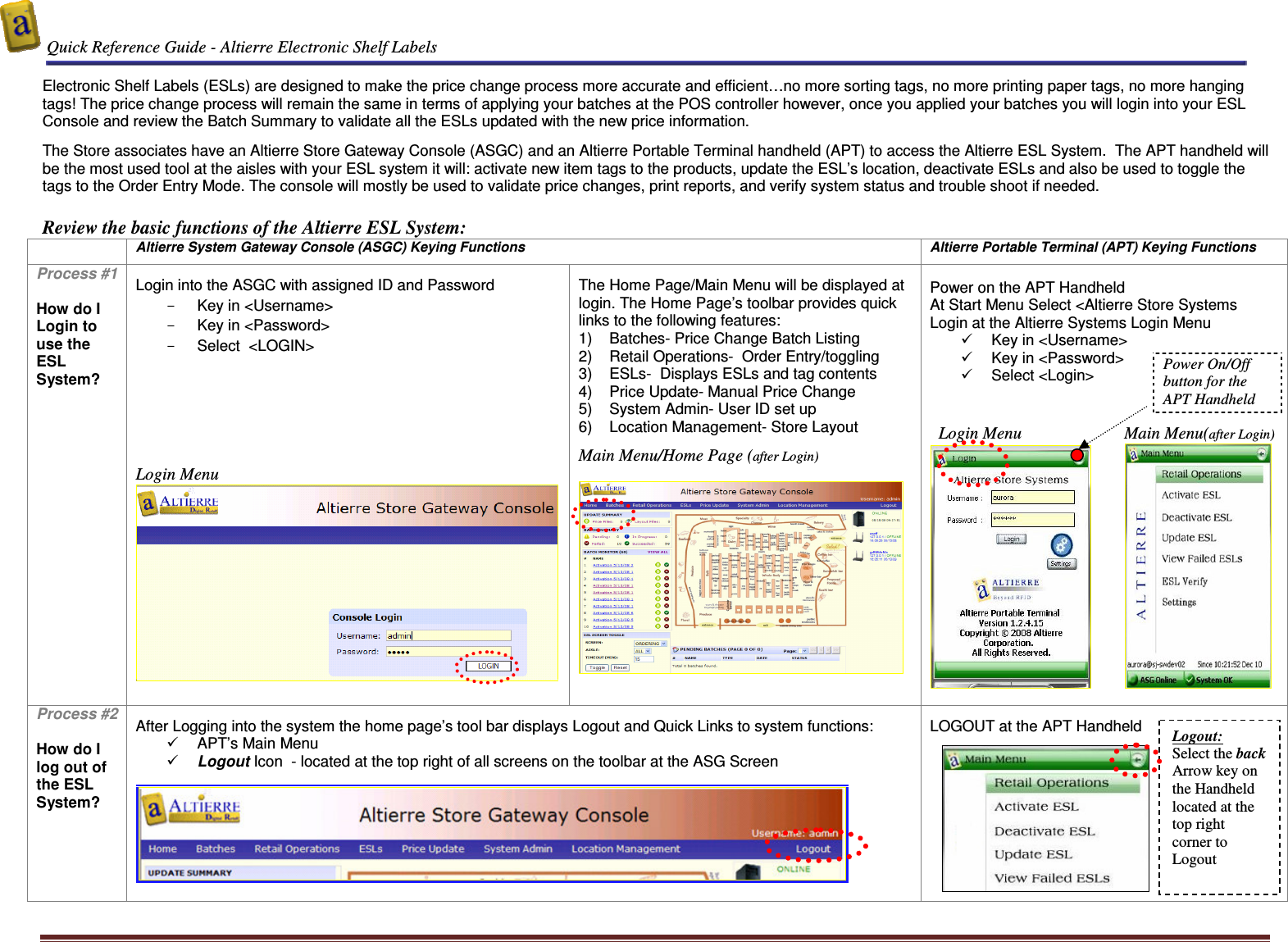  Quick Reference Guide - Altierre Electronic Shelf Labels  Altierre Confidential                                                                                                                                      Lab Testing Version 2                                                                                                                                                                              Page 3  Electronic Shelf Labels (ESLs) are designed to make the price change process more accurate and efficient…no more sorting tags, no more printing paper tags, no more hanging tags! The price change process will remain the same in terms of applying your batches at the POS controller however, once you applied your batches you will login into your ESL Console and review the Batch Summary to validate all the ESLs updated with the new price information.    The Store associates have an Altierre Store Gateway Console (ASGC) and an Altierre Portable Terminal handheld (APT) to access the Altierre ESL System.  The APT handheld will be the most used tool at the aisles with your ESL system it will: activate new item tags to the products, update the ESL’s location, deactivate ESLs and also be used to toggle the tags to the Order Entry Mode. The console will mostly be used to validate price changes, print reports, and verify system status and trouble shoot if needed.  Review the basic functions of the Altierre ESL System:  Altierre System Gateway Console (ASGC) Keying Functions  Altierre Portable Terminal (APT) Keying Functions Process #1  How do I Login to use the ESL System?   Login into the ASGC with assigned ID and Password -  Key in &lt;Username&gt; -  Key in &lt;Password&gt; -  Select  &lt;LOGIN&gt;        Login Menu    The Home Page/Main Menu will be displayed at login. The Home Page’s toolbar provides quick links to the following features: 1)  Batches- Price Change Batch Listing 2)  Retail Operations-  Order Entry/toggling 3)  ESLs-  Displays ESLs and tag contents  4)  Price Update- Manual Price Change  5)  System Admin- User ID set up 6)  Location Management- Store Layout  Main Menu/Home Page (after Login)     Power on the APT Handheld At Start Menu Select &lt;Altierre Store Systems Login at the Altierre Systems Login Menu   Key in &lt;Username&gt;   Key in &lt;Password&gt;   Select &lt;Login&gt;      Login Menu                        Main Menu(after Login)           Process #2  How do I log out of the ESL System?   After Logging into the system the home page’s tool bar displays Logout and Quick Links to system functions:   APT’s Main Menu   Logout Icon  - located at the top right of all screens on the toolbar at the ASG Screen     LOGOUT at the APT Handheld     Power On/Off button for the APT Handheld Logout: Select the back Arrow key on the Handheld located at the top right corner to Logout 
