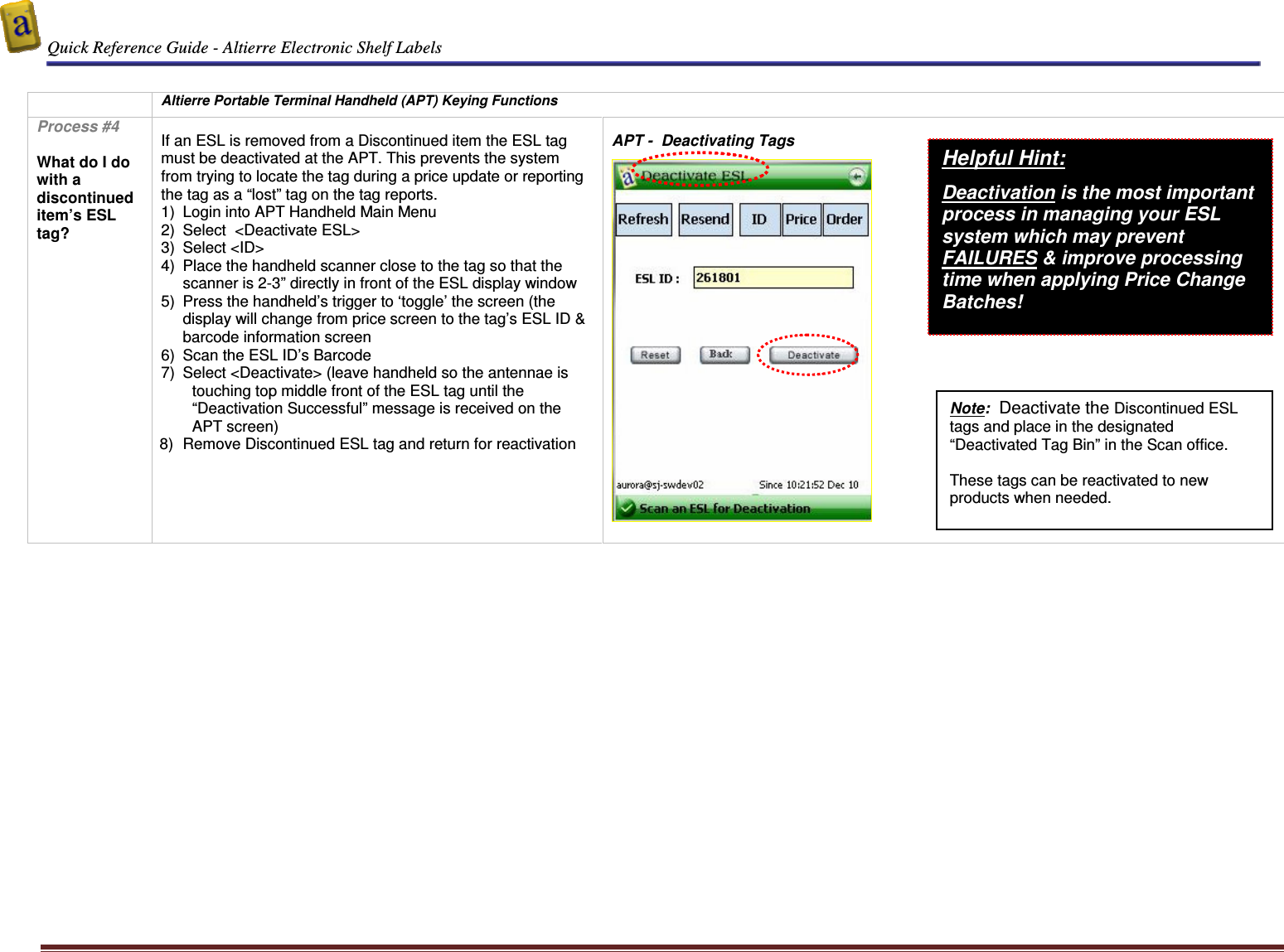  Quick Reference Guide - Altierre Electronic Shelf Labels  Altierre Confidential                                                                                                                                      Lab Testing Version 2                                                                                                                                                                              Page 5   Altierre Portable Terminal Handheld (APT) Keying Functions Process #4  What do I do with a discontinued item’s ESL tag?   If an ESL is removed from a Discontinued item the ESL tag must be deactivated at the APT. This prevents the system from trying to locate the tag during a price update or reporting the tag as a “lost” tag on the tag reports. 1)  Login into APT Handheld Main Menu 2)  Select  &lt;Deactivate ESL&gt; 3)  Select &lt;ID&gt;  4)  Place the handheld scanner close to the tag so that the scanner is 2-3” directly in front of the ESL display window  5)  Press the handheld’s trigger to ‘toggle’ the screen (the display will change from price screen to the tag’s ESL ID &amp; barcode information screen 6)  Scan the ESL ID’s Barcode 7)  Select &lt;Deactivate&gt; (leave handheld so the antennae is touching top middle front of the ESL tag until the “Deactivation Successful” message is received on the APT screen) 8)  Remove Discontinued ESL tag and return for reactivation       APT -  Deactivating Tags         Helpful Hint:  Deactivation is the most important process in managing your ESL system which may prevent FAILURES &amp; improve processing time when applying Price Change Batches! Note:  Deactivate the Discontinued ESL tags and place in the designated “Deactivated Tag Bin” in the Scan office.   These tags can be reactivated to new products when needed. 