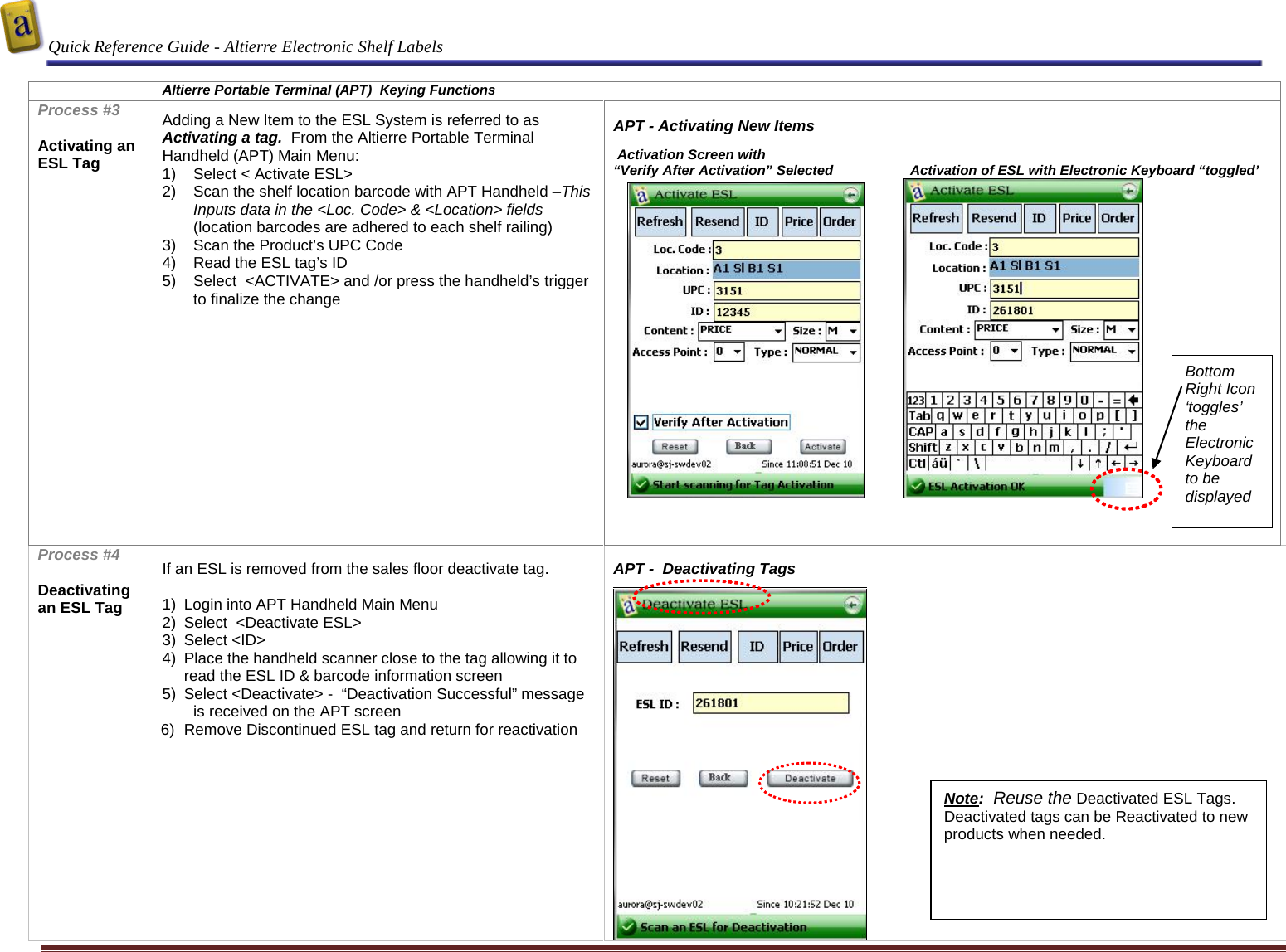  Quick Reference Guide - Altierre Electronic Shelf Labels  Altierre Confidential                                                                                                                                      Lab Testing Version 2                                                                                                                                                                              Page 4   Altierre Portable Terminal (APT)  Keying Functions Process #3  Activating an ESL Tag  Adding a New Item to the ESL System is referred to as Activating a tag.  From the Altierre Portable Terminal Handheld (APT) Main Menu: 1) Select &lt; Activate ESL&gt;  2) Scan the shelf location barcode with APT Handheld –This Inputs data in the &lt;Loc. Code&gt; &amp; &lt;Location&gt; fields (location barcodes are adhered to each shelf railing) 3) Scan the Product’s UPC Code 4) Read the ESL tag’s ID  5) Select  &lt;ACTIVATE&gt; and /or press the handheld’s trigger to finalize the change   APT - Activating New Items                       Activation Screen with  “Verify After Activation” Selected                    Activation of ESL with Electronic Keyboard “toggled’                                                               Process #4  Deactivating an ESL Tag   If an ESL is removed from the sales floor deactivate tag.   1) Login into APT Handheld Main Menu 2) Select  &lt;Deactivate ESL&gt; 3) Select &lt;ID&gt;  4) Place the handheld scanner close to the tag allowing it to read the ESL ID &amp; barcode information screen 5) Select &lt;Deactivate&gt; -  “Deactivation Successful” message is received on the APT screen 6) Remove Discontinued ESL tag and return for reactivation       APT -  Deactivating Tags     Bottom Right Icon ‘toggles’ the Electronic Keyboard to be displayed Note:  Reuse the Deactivated ESL Tags. Deactivated tags can be Reactivated to new products when needed. 