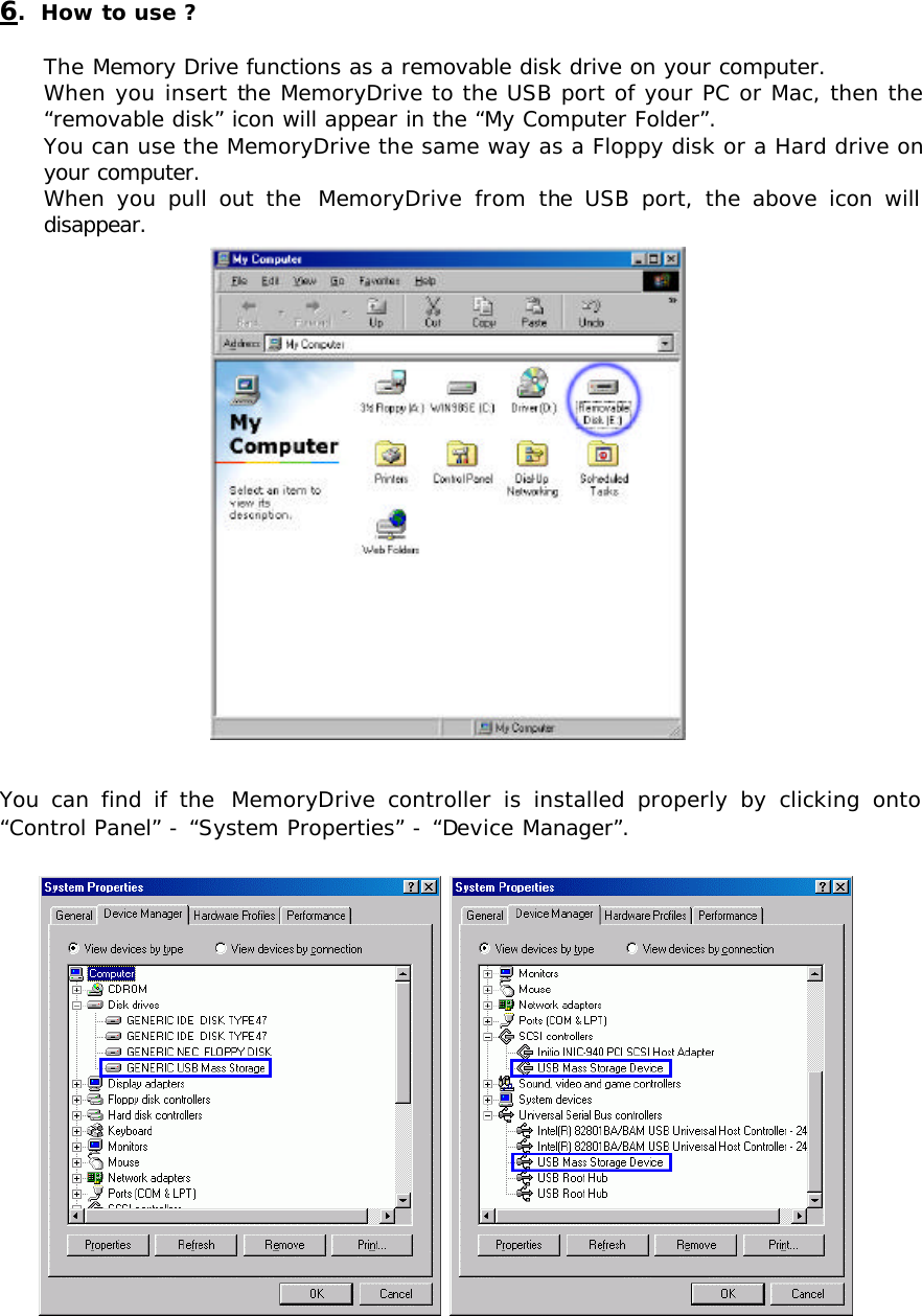 6.  How to use ?  The Memory Drive functions as a removable disk drive on your computer.  When you insert the MemoryDrive to the USB port of your PC or Mac, then the “removable disk” icon will appear in the “My Computer Folder”.  You can use the MemoryDrive the same way as a Floppy disk or a Hard drive on your computer.  When you pull out the  MemoryDrive from the USB port, the above icon will disappear.    You can find if the  MemoryDrive controller is installed properly by clicking onto “Control Panel” - “System Properties” - “Device Manager”.     