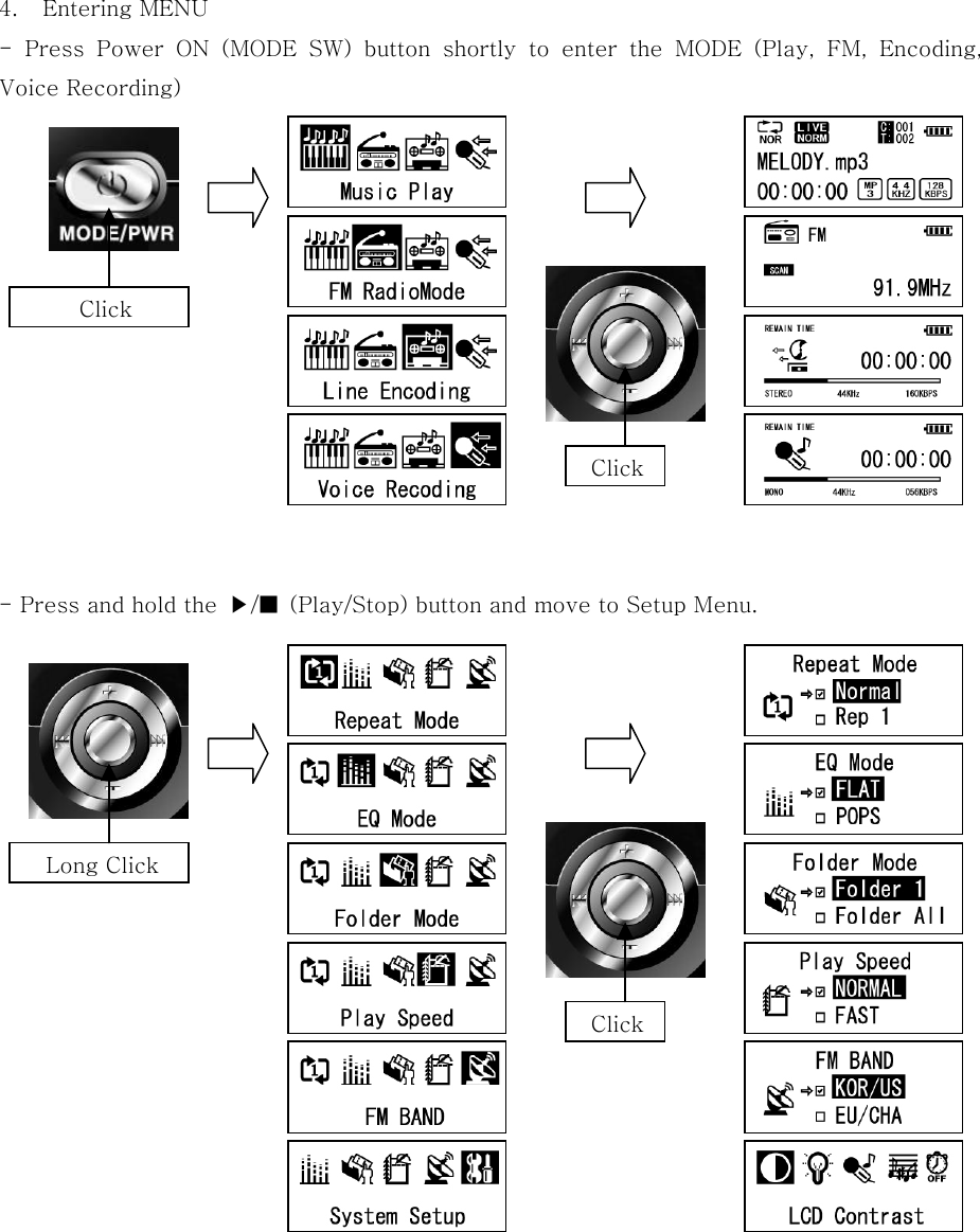 4.  Entering MENU   - Press Power ON (MODE SW) button shortly to enter the MODE (Play,  FM,  Encoding, Voice Recording)                - Press and hold the  ▶/■  (Play/Stop) button and move to Setup Menu.                      Click   Long Click Click Click 