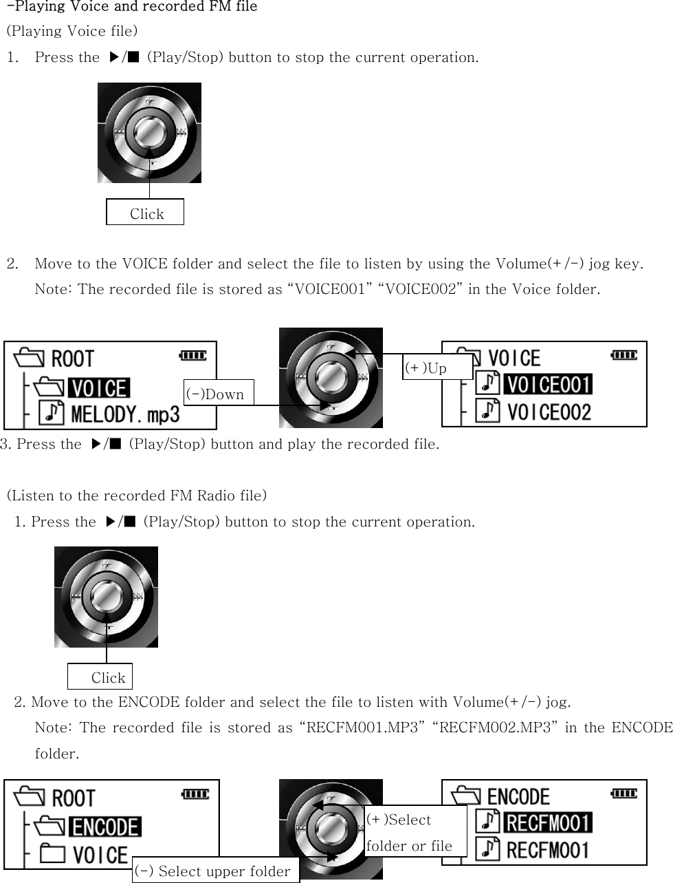  -Playing Voice and recorded FM file (Playing Voice file) 1.  Press the  ▶/■  (Play/Stop) button to stop the current operation.        2.  Move to the VOICE folder and select the file to listen by using the Volume(+/-) jog key. Note: The recorded file is stored as “VOICE001” “VOICE002” in the Voice folder.         3. Press the  ▶/■  (Play/Stop) button and play the recorded file.    (Listen to the recorded FM Radio file)   1. Press the  ▶/■  (Play/Stop) button to stop the current operation.          2. Move to the ENCODE folder and select the file to listen with Volume(+/-) jog. Note:  The  recorded  file  is stored  as “RECFM001.MP3”  “RECFM002.MP3”  in  the ENCODE folder.         Click (+)Up (-)Down  Click (+)Select folder or file (-) Select upper folder 