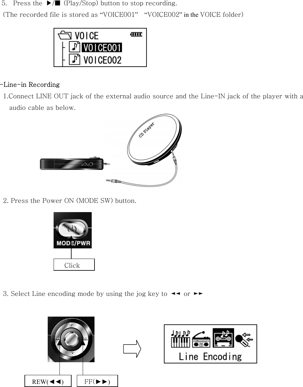  5.  Press the  ▶/■  (Play/Stop) button to stop recording.   (The recorded file is stored as “VOICE001”  “VOICE002” in the VOICE folder)         -Line-in Recording   1.Connect LINE OUT jack of the external audio source and the Line-IN jack of the player with a audio cable as below.           2. Press the Power ON (MODE SW) button.           3. Select Line encoding mode by using the jog key to  ◄◄  or  ►►            Click REW(◄◄) FF(►►) 