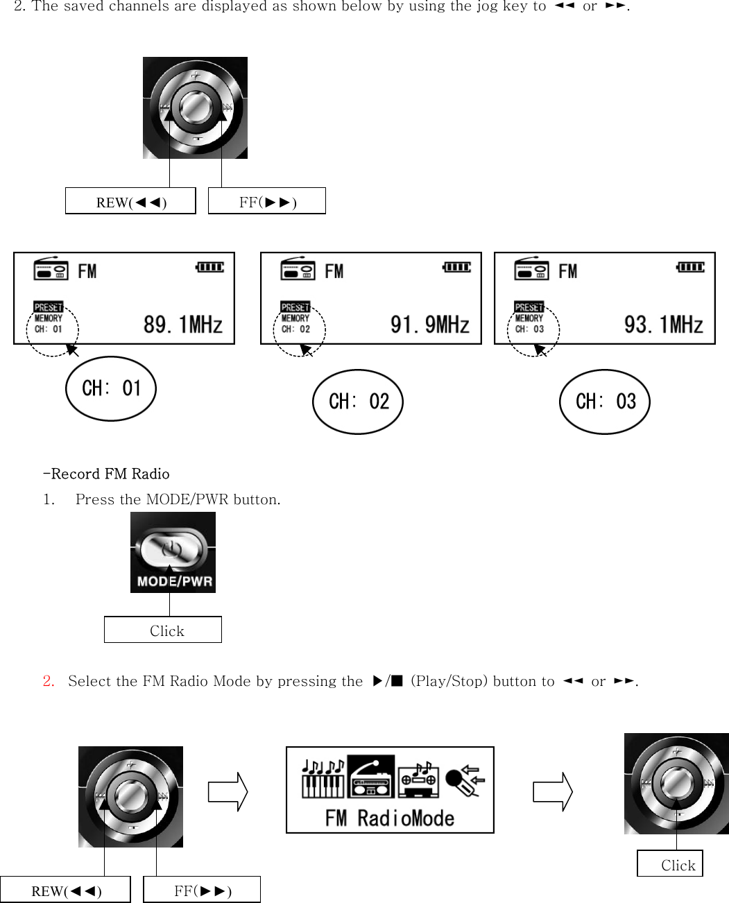  2. The saved channels are displayed as shown below by using the jog key to  ◄◄  or  ►►.                     -Record FM Radio 1.    Press the MODE/PWR button.       2.  Select the FM Radio Mode by pressing the  ▶/■  (Play/Stop) button to  ◄◄  or  ►►.         Click REW(◄◄) FF(►►) REW(◄◄) FF(►►)  Click