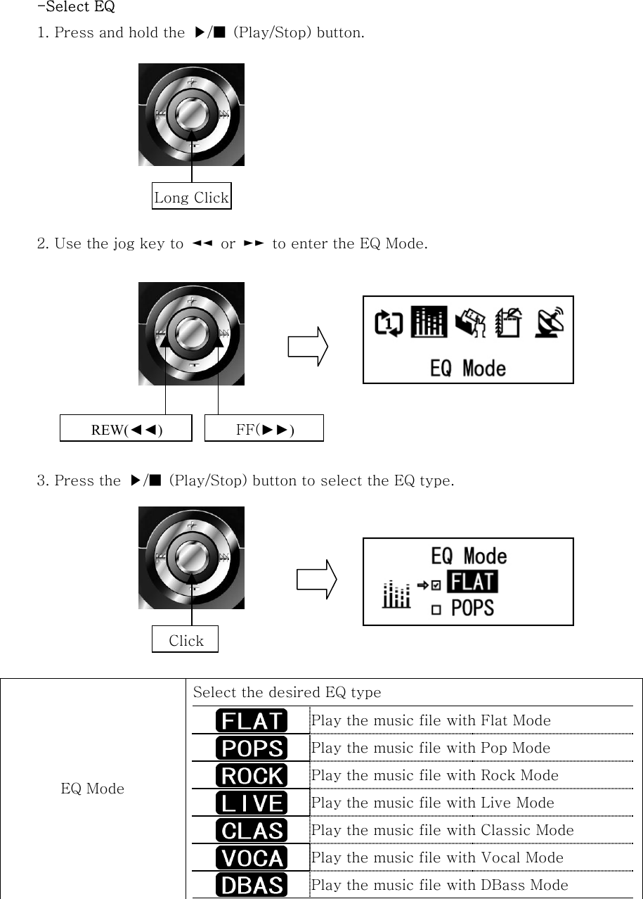  -Select EQ 1. Press and hold the  ▶/■  (Play/Stop) button.        2. Use the jog key to  ◄◄  or  ►►  to enter the EQ Mode.         3. Press the  ▶/■  (Play/Stop) button to select the EQ type.        EQ Mode Select the desired EQ type  Play the music file with Flat Mode  Play the music file with Pop Mode  Play the music file with Rock Mode  Play the music file with Live Mode  Play the music file with Classic Mode  Play the music file with Vocal Mode  Play the music file with DBass Mode    REW(◄◄) FF(►►) Click Long Click