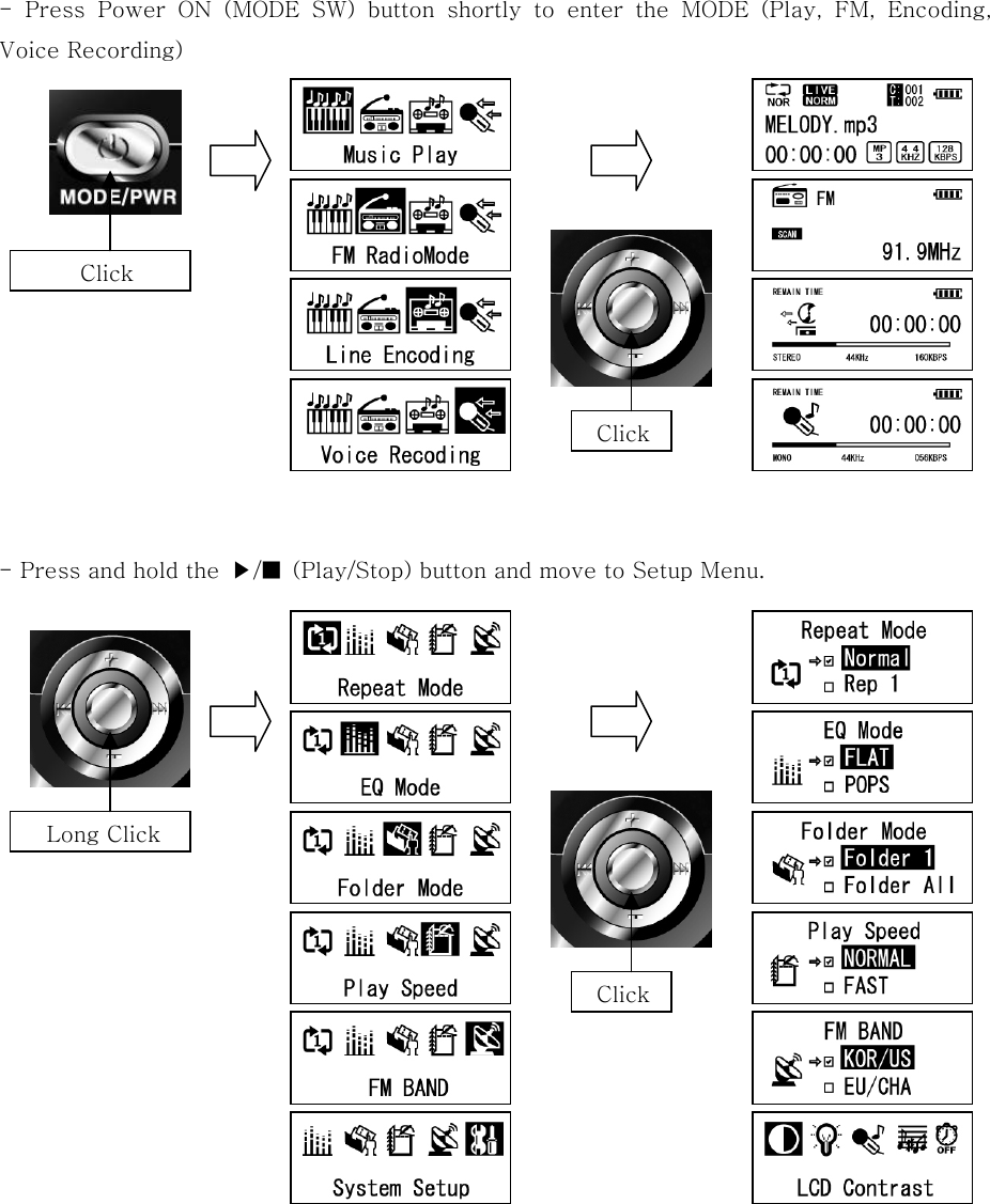 - Press Power ON (MODE SW) button shortly to enter the MODE (Play,  FM,  Encoding, Voice Recording)                - Press and hold the  ▶/■  (Play/Stop) button and move to Setup Menu.                          Click   Long Click ClickClick