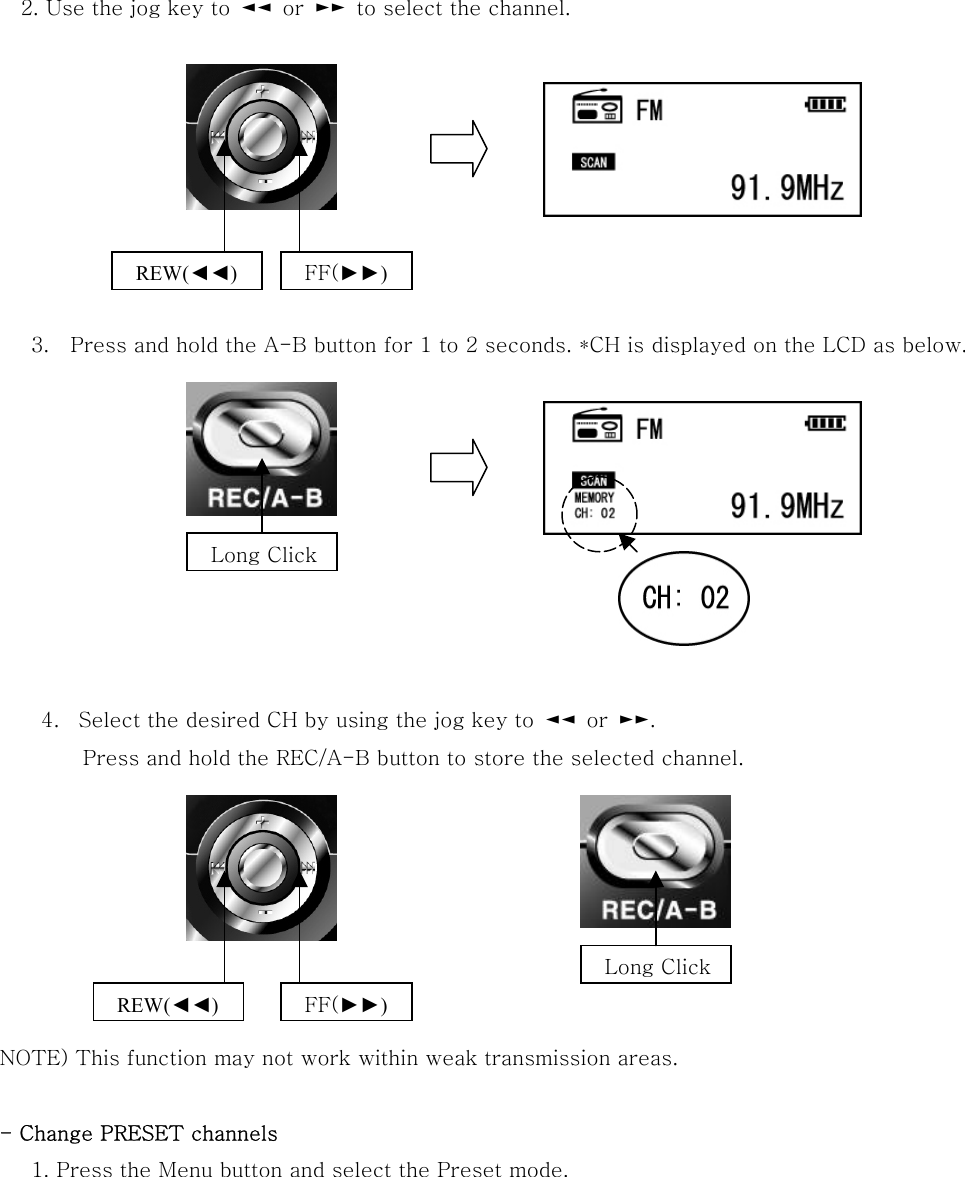         2. Use the jog key to  ◄◄  or  ►►  to select the channel.            3.  Press and hold the A-B button for 1 to 2 seconds. *CH is displayed on the LCD as below.          4.  Select the desired CH by using the jog key to  ◄◄  or  ►►.   Press and hold the REC/A-B button to store the selected channel.        NOTE) This function may not work within weak transmission areas.  - Change PRESET channels    1. Press the Menu button and select the Preset mode.  REW(◄◄) FF(►►) Long Click REW(◄◄) FF(►►) Long Click