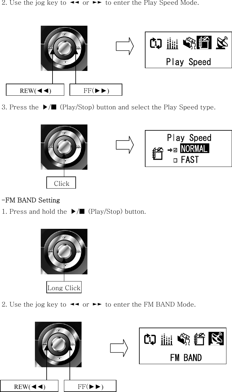   2. Use the jog key to  ◄◄  or  ►►  to enter the Play Speed Mode.         3. Press the  ▶/■  (Play/Stop) button and select the Play Speed type.        -FM BAND Setting 1. Press and hold the  ▶/■  (Play/Stop) button.        2. Use the jog key to  ◄◄  or  ►►  to enter the FM BAND Mode.        REW(◄◄) FF(►►)   ClickREW(◄◄) FF(►►) Long Click