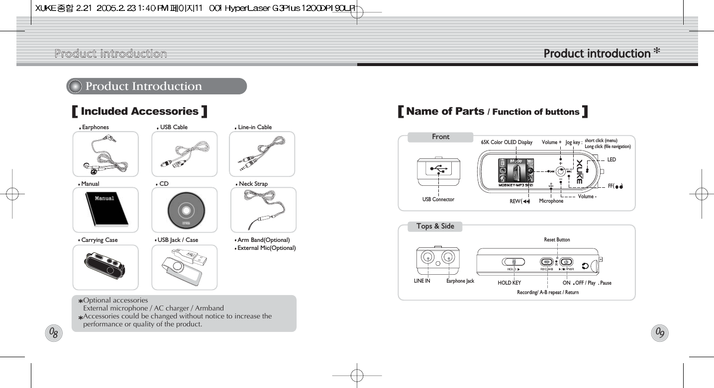 Product IntroductionIncluded Accessories Front Volume -    USB Connector      65K Color OLED Display       Volume +   Jog key : short click (menu)Long click (file navigation)REW()MicrophoneFF()LED[]Name of Parts / Function of buttons[]Manual CD Neck StrapCarrying Case USB Jack / Case Arm Band(Optional)External Mic(Optional)Optional accessoriesExternal microphone / AC charger / ArmbandAccessories could be changed without notice to increase theperformance or quality of the product.Earphones USB Cable Line-in CableProduct  introduction Product  introduction0809Tops &amp; SideReset ButtonHOLD KEYRecording/ A-B repeat / ReturnON OFF / Play PauseEarphone JackLINE IN