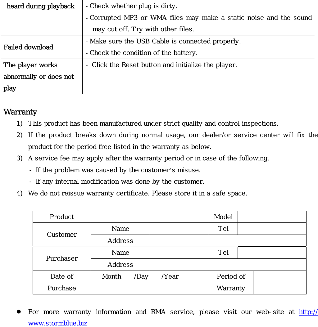 heard during playback  - Check whether plug is dirty. - Corrupted MP3 or WMA files may make a static noise and the sound may cut off. Try with other files. Failed download   - Make sure the USB Cable is connected properly. - Check the condition of the battery. The player works abnormally or does not play - Click the Reset button and initialize the player.  Warranty   1) This product has been manufactured under strict quality and control inspections. 2) If the product breaks down during normal usage, our dealer/or service center will fix the product for the period free listed in the warranty as below. 3) A service fee may apply after the warranty period or in case of the following. - If the problem was caused by the customer’s misuse. - If any internal modification was done by the customer. 4) We do not reissue warranty certificate. Please store it in a safe space.  Product    Model   Name    Tel   Customer  Address   Name    Tel   Purchaser  Address   Date of Purchase Month____/Day____/Year______   Period of Warranty   z For  more  warranty  information  and  RMA  service,  please  visit  our  web-site  at  http:// www.stormblue.biz    