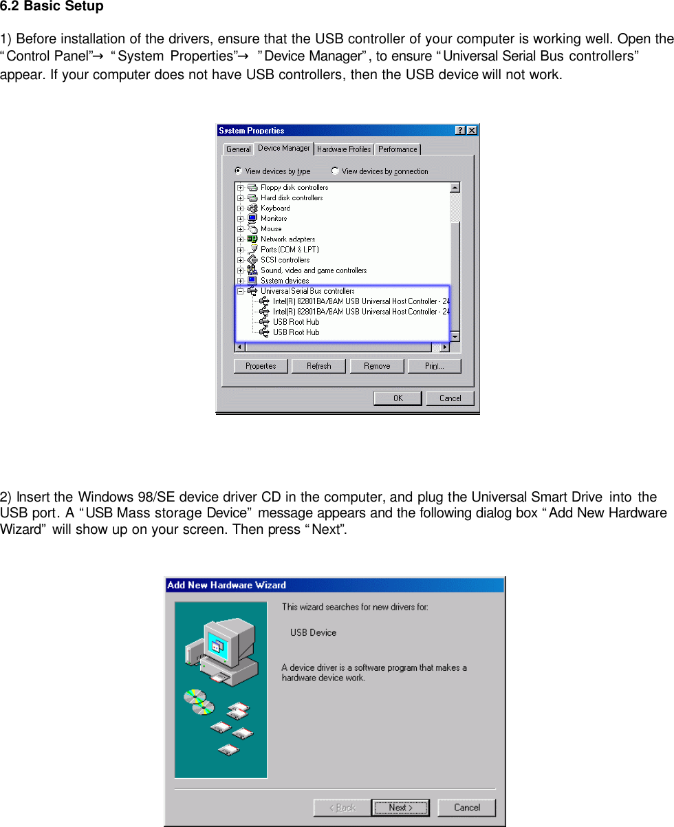 6.2 Basic Setup  1) Before installation of the drivers, ensure that the USB controller of your computer is working well. Open the “Control Panel”→ “System Properties”→ ”Device Manager”, to ensure “Universal Serial Bus controllers” appear. If your computer does not have USB controllers, then the USB device will not work.     2) Insert the Windows 98/SE device driver CD in the computer, and plug the Universal Smart Drive into the  USB port. A “USB Mass storage Device” message appears and the following dialog box “Add New Hardware Wizard”  will show up on your screen. Then press “Next”.         