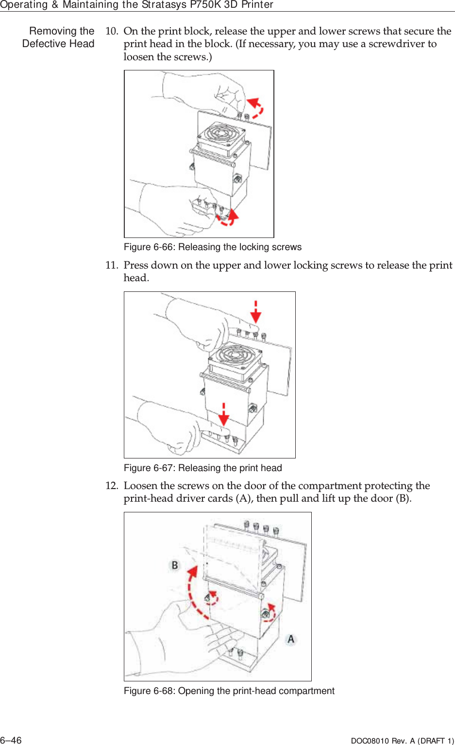 Operating &amp; Maintaining the Stratasys P750K 3D Printer6–46 DOC08010 Rev. A (DRAFT 1)Removing theDefective Head 10. Onȱtheȱprintȱblock,ȱreleaseȱtheȱupperȱandȱlowerȱscrewsȱthatȱsecureȱtheȱprintȱheadȱinȱtheȱblock.ȱ(Ifȱnecessary,ȱyouȱmayȱuseȱaȱscrewdriverȱtoȱloosenȱtheȱscrews.)Figure 6-66: Releasing the locking screws11. Pressȱdownȱonȱtheȱupperȱandȱlowerȱlockingȱscrewsȱtoȱreleaseȱtheȱprintȱhead.Figure 6-67: Releasing the print head12. LoosenȱtheȱscrewsȱonȱtheȱdoorȱofȱtheȱcompartmentȱprotectingȱtheȱprintȬheadȱdriverȱcardsȱ(A),ȱthenȱpullȱandȱliftȱupȱtheȱdoorȱ(B).Figure 6-68: Opening the print-head compartment