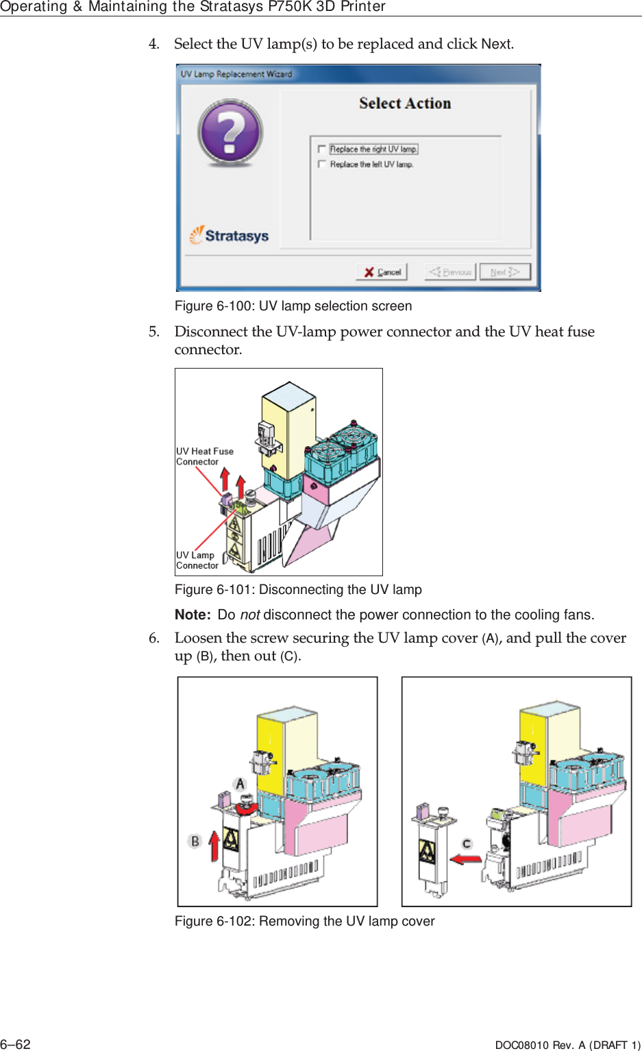 Operating &amp; Maintaining the Stratasys P750K 3D Printer6–62 DOC08010 Rev. A (DRAFT 1)4. SelectȱtheȱUVȱlamp(s)ȱtoȱbeȱreplacedȱandȱclickȱNext.Figure 6-100: UV lamp selection screen5. DisconnectȱtheȱUVȬlampȱpowerȱconnectorȱandȱtheȱUVȱheatȱfuseȱconnector.Figure 6-101: Disconnecting the UV lamp Note: Do not disconnect the power connection to the cooling fans.6. LoosenȱtheȱscrewȱsecuringȱtheȱUVȱlampȱcoverȱ(A),ȱandȱpullȱtheȱcoverȱupȱ(B),ȱthenȱoutȱ(C).Figure 6-102: Removing the UV lamp cover