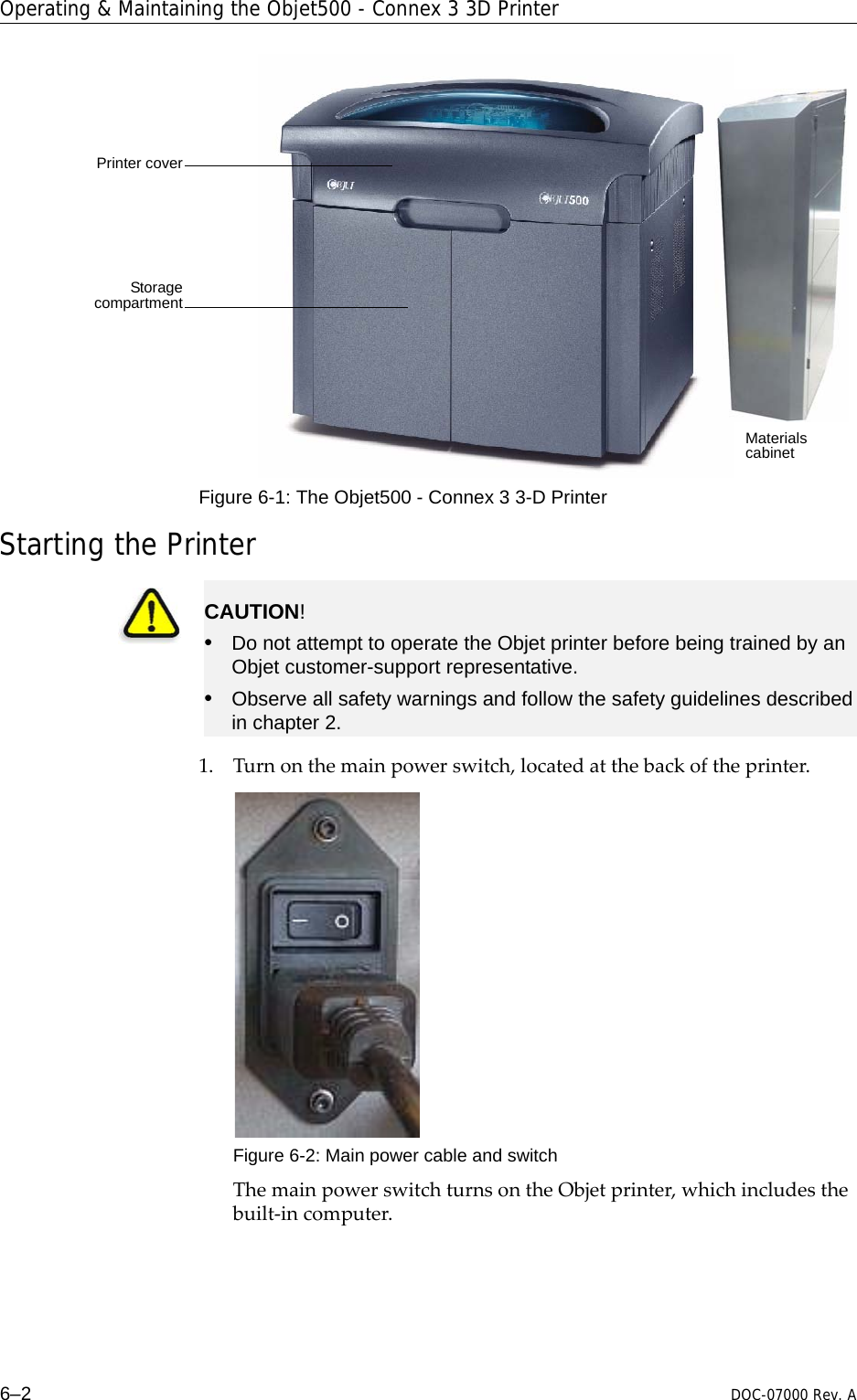 Operating &amp; Maintaining the Objet500 - Connex 3 3D Printer6–2 DOC-07000 Rev. AFigure 6-1: The Objet500 - Connex 3 3-D Printer Starting the Printer1. Turnonthemainpowerswitch,locatedatthebackoftheprinter.Figure 6-2: Main power cable and switchThemainpowerswitchturnsontheObjetprinter,whichincludesthebuilt‐incomputer.Printer coverStoragecompartmentMaterials cabinetCAUTION!•Do not attempt to operate the Objet printer before being trained by an Objet customer-support representative.•Observe all safety warnings and follow the safety guidelines described in chapter 2.