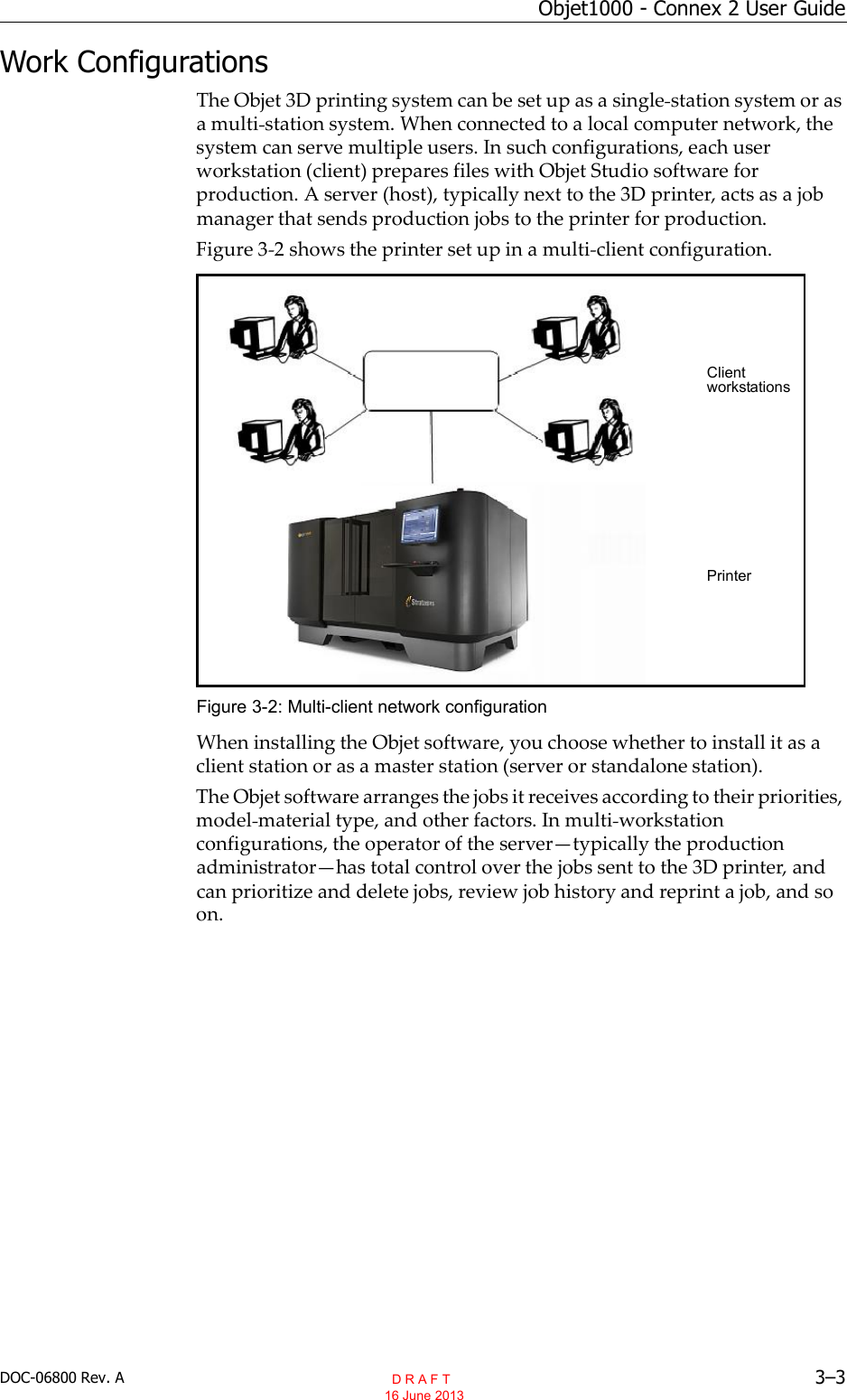 DOC-06800 Rev. A 3–3Objet1000 - Connex 2 User GuideWork ConfigurationsThe Objet 3D printing system can be set up as a single station system or asa multi station system. When connected to a local computer network, thesystem can serve multiple users. In such configurations, each userworkstation (client) prepares files with Objet Studio software forproduction. A server (host), typically next to the 3D printer, acts as a jobmanager that sends production jobs to the printer for production.Figure 3 2 shows the printer set up in a multi client configuration.Figure 3-2: Multi-client network configurationWhen installing the Objet software, you choose whether to install it as aclient station or as a master station (server or standalone station).The Objet software arranges the jobs it receives according to their priorities,model material type, and other factors. In multi workstationconfigurations, the operator of the servertypically the productionadministratorhas total control over the jobs sent to the 3D printer, andcan prioritize and delete jobs, review job history and reprint a job, and soon.ClientworkstationsPrinter  D R A F T 16 June 2013