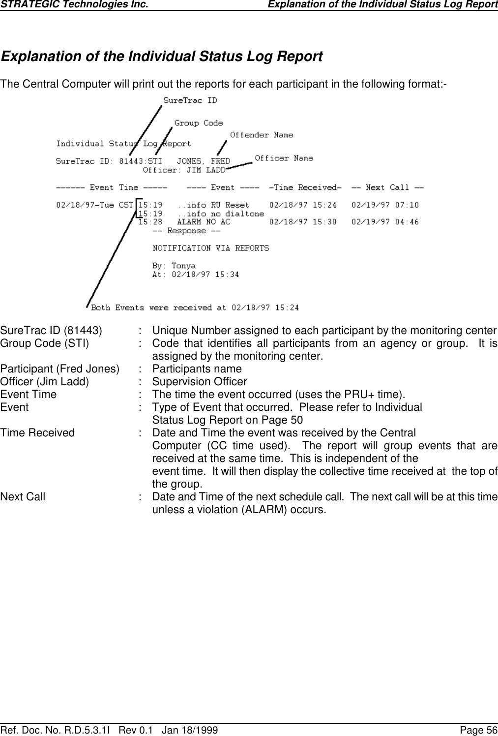 STRATEGIC Technologies Inc.Ref. Doc. No. R.D.5.3.1I   Rev 0.1   Jan 18/1999Explanation of the Individual Status Log ReportPage 56Explanation of the Individual Status Log ReportThe Central Computer will print out the reports for each participant in the following format:-SureTrac ID (81443) : Unique Number assigned to each participant by the monitoring centerGroup Code (STI) :  Code that identifies all participants from an agency or group.  It isassigned by the monitoring center.Participant (Fred Jones) :  Participants nameOfficer (Jim Ladd) :  Supervision OfficerEvent Time  :  The time the event occurred (uses the PRU+ time).Event :  Type of Event that occurred.  Please refer to Individual   Status Log Report on Page 50Time Received :  Date and Time the event was received by the Central   Computer (CC time used).  The report will group events that arereceived at the same time.  This is independent of the   event time.  It will then display the collective time received at  the top ofthe group.Next Call :  Date and Time of the next schedule call.  The next call will be at this timeunless a violation (ALARM) occurs.