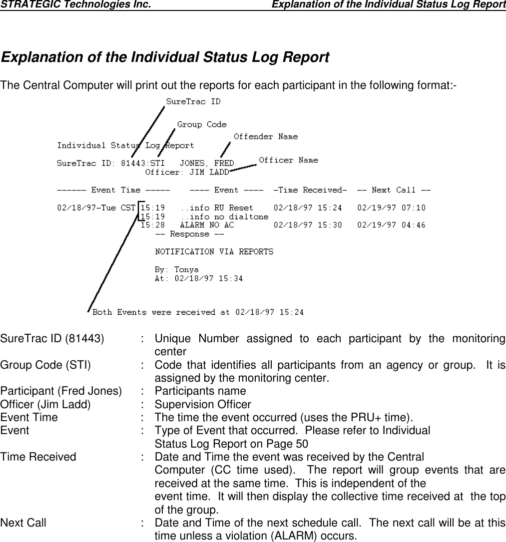 STRATEGIC Technologies Inc. Explanation of the Individual Status Log ReportExplanation of the Individual Status Log ReportThe Central Computer will print out the reports for each participant in the following format:-SureTrac ID (81443) : Unique Number assigned to each participant by the monitoringcenterGroup Code (STI) :  Code that identifies all participants from an agency or group.  It isassigned by the monitoring center.Participant (Fred Jones) :  Participants nameOfficer (Jim Ladd) :  Supervision OfficerEvent Time  :  The time the event occurred (uses the PRU+ time).Event :  Type of Event that occurred.  Please refer to Individual Status Log Report on Page 50Time Received :  Date and Time the event was received by the Central Computer (CC time used).  The report will group events that arereceived at the same time.  This is independent of the event time.  It will then display the collective time received at  the topof the group.Next Call :  Date and Time of the next schedule call.  The next call will be at thistime unless a violation (ALARM) occurs.