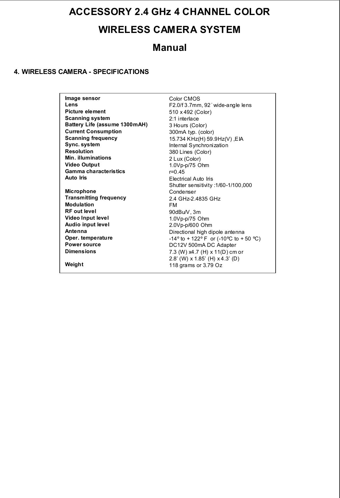 Image sensorLens Picture elementScanning systemBattery Life (assume 1300mAH)Current ConsumptionScanning frequencySync. systemResolutionMin. illuminationsVideo OutputGamma characteristicsAuto  IrisMicrophoneTransmitting frequencyModulationRF out levelVideo Input levelAudio input levelAntennaOper. temperaturePower sourceDimensionsWeightColor CMOSF2.0/f 3.7mm, 92°wide-a ngle lens510 x 492 (Color)2:1 interlace3 Hours (Color)300mA typ. (color)15.734 KHz(H) 59.9Hz(V) ,EIAInternal Synchroni zation380 Lines (Color)2 Lux (Color)1.0Vp-p/75 Ohmr=0.45Electrical Auto IrisShutter sensitivity :1/60-1/100,000Condenser2.4 GHz-2.4835 GHzFM90dBu/V, 3m1.0Vp-p/75 Ohm2.0Vp-p/600 OhmDirectio nal high dipole  a nte nna-14º to + 122º F  or (-10ºC to + 50 ºC)DC12V 500mA DC Adapter7.3 (W) x4.7 (H) x 11(D ) cm o r2.8’ (W) x 1.85’ (H) x 4.3’ (D)118 grams or 3.79 OzACCESSORY 2.4 GHz 4 CHANNEL COLOR WIRELESS CAMERA SYSTEM Manual4. WIRELESS CAMERA - SPECIFICATIONS