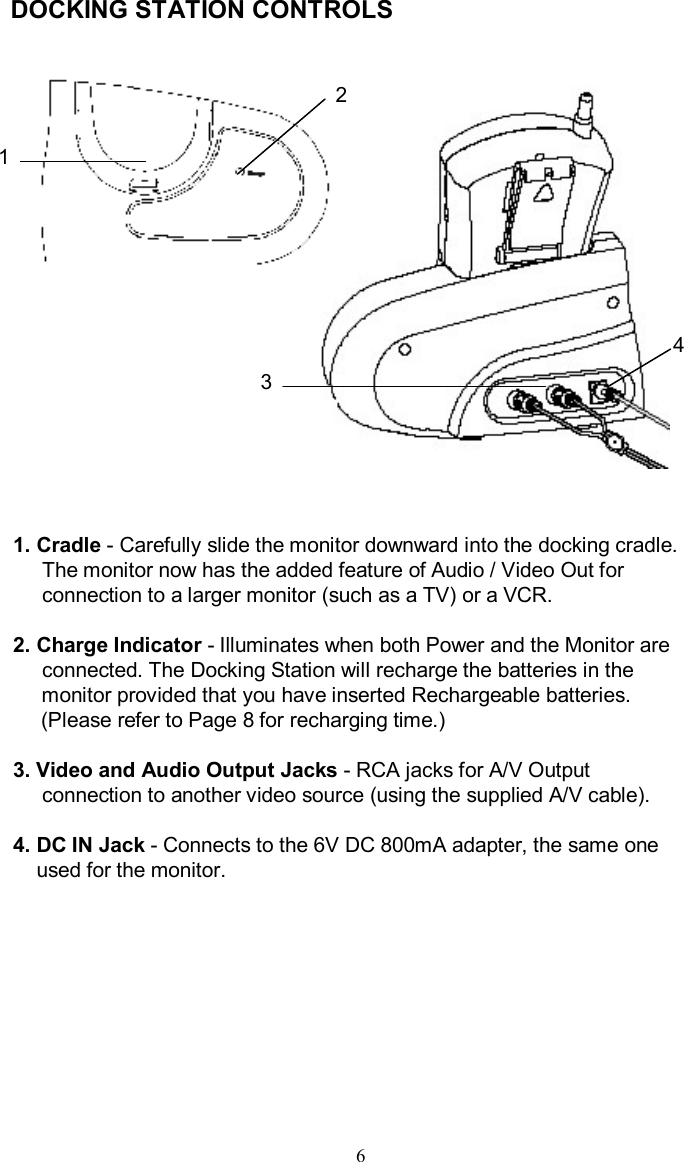 DOCKING STATION CONTROLS 1. Cradle -Carefully slide the monitor downward into the docking cradle.The monitor now has the added feature of Audio / Video Out for connection to a larger monitor (such as a TV) or a VCR.2. Charge Indicator -Illuminates when both Power and the Monitor areconnected. The Docking Station will recharge the batteries in the monitor provided that you have inserted Rechargeable batteries.  (Please refer to Page 8 for recharging time.)3. Video and Audio Output Jacks -RCA jacks for A/V Output connection to another video source (using the supplied A/V cable).4. DC IN Jack -Connects to the 6V DC 800mA adapter, the same one used for the monitor.61324