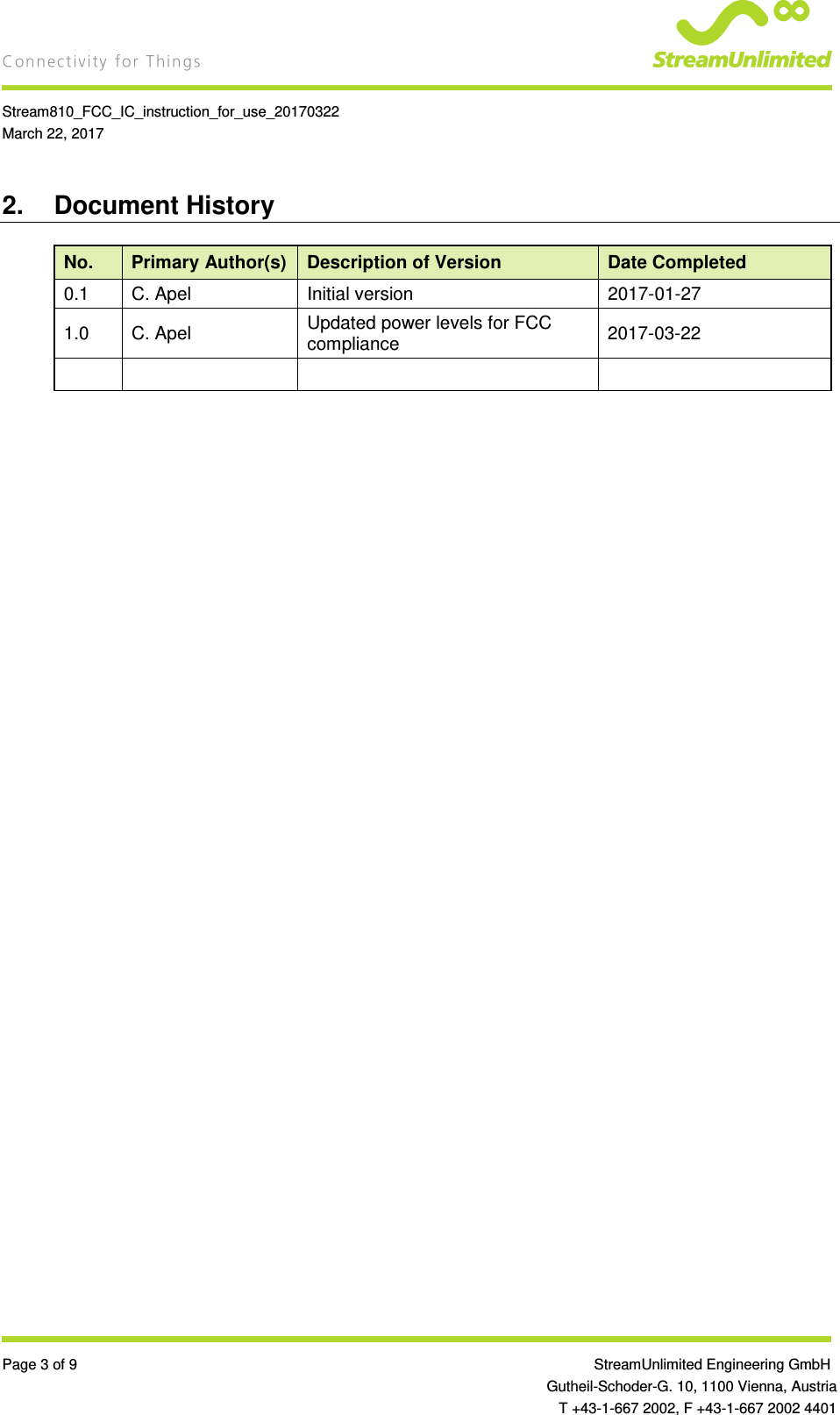    Stream810_FCC_IC_instruction_for_use_20170322 March 22, 2017  Page 3 of 9                 StreamUnlimited Engineering GmbH  Gutheil-Schoder-G. 10, 1100 Vienna, Austria   T +43-1-667 2002, F +43-1-667 2002 4401 2.  Document History No.  Primary Author(s)  Description of Version  Date Completed 0.1  C. Apel  Initial version  2017-01-27 1.0  C. Apel  Updated power levels for FCC compliance  2017-03-22          