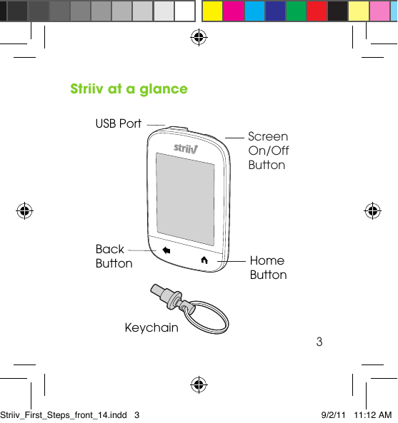 Striiv at a glanceKeychainScreenOn/OffButtonHomeButtonBackButtonUSB Port3Striiv at a glanceStriiv_First_Steps_front_14.indd   3 9/2/11   11:12 AM