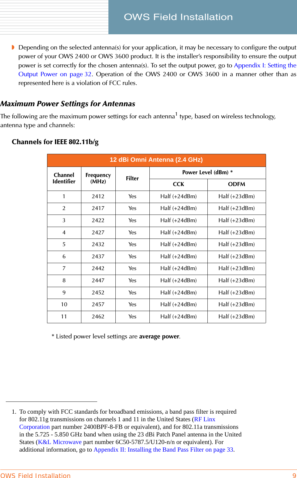 OWS Field Installation 9     OWS Field Installation◗Depending on the selected antenna(s) for your application, it may be necessary to configure the outputpower of your OWS 2400 or OWS 3600 product. It is the installer’s responsibility to ensure the outputpower is set correctly for the chosen antenna(s). To set the output power, go to Appendix I: Setting theOutput Power on page 32. Operation of the OWS 2400 or OWS 3600 in a manner other than asrepresented here is a violation of FCC rules.Maximum Power Settings for AntennasThe following are the maximum power settings for each antenna1 type, based on wireless technology, antenna type and channels:Channels for IEEE 802.11b/g* Listed power level settings are average power.1. To comply with FCC standards for broadband emissions, a band pass filter is required for 802.11g transmissions on channels 1 and 11 in the United States (RF Linx Corporation part number 2400BPF-8-FB or equivalent), and for 802.11a transmissions in the 5.725 - 5.850 GHz band when using the 23 dBi Patch Panel antenna in the United States (K&amp;L Microwave part number 6C50-5787.5/U120-n/n or equivalent). For additional information, go to Appendix II: Installing the Band Pass Filter on page 33.12 dBi Omni Antenna (2.4 GHz)Channel IdentifierFrequency (MHz) FilterPower Level (dBm) *CCK ODFM1 2412 Yes Half (+24dBm) Half (+23dBm)2 2417 Yes Half (+24dBm) Half (+23dBm)3 2422 Yes Half (+24dBm) Half (+23dBm)4 2427 Yes Half (+24dBm) Half (+23dBm)5 2432 Yes Half (+24dBm) Half (+23dBm)6 2437 Yes Half (+24dBm) Half (+23dBm)7 2442 Yes Half (+24dBm) Half (+23dBm)8 2447 Yes Half (+24dBm) Half (+23dBm)9 2452 Yes Half (+24dBm) Half (+23dBm)10 2457 Yes Half (+24dBm) Half (+23dBm)11 2462 Yes Half (+24dBm) Half (+23dBm)