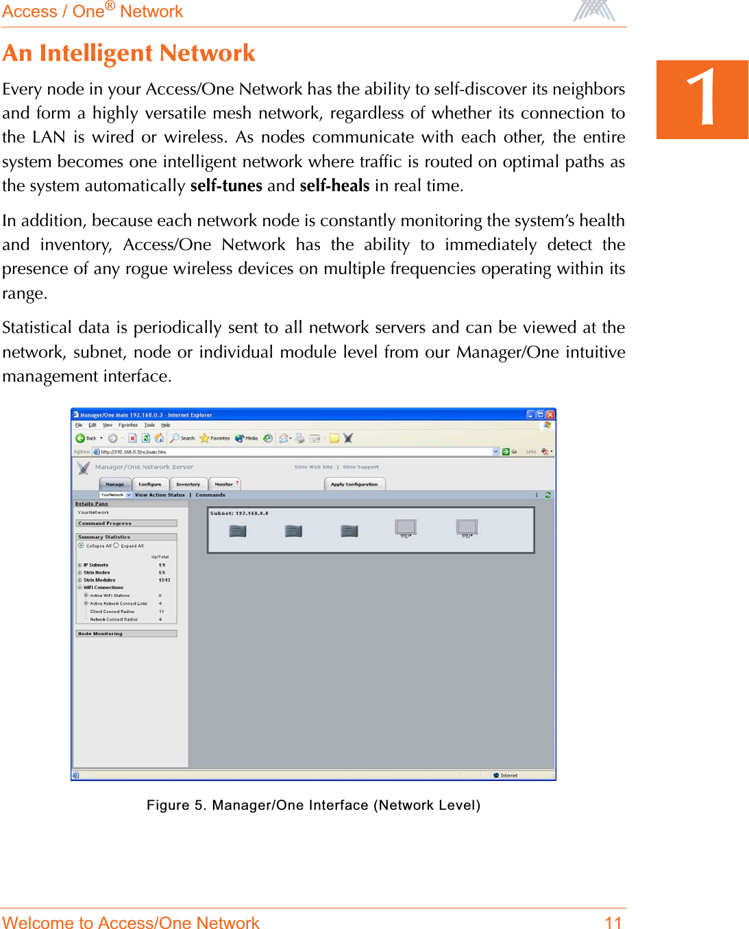 Access / One® NetworkWelcome to Access/One Network 111An Intelligent NetworkEvery node in your Access/One Network has the ability to self-discover its neighborsand form a highly versatile mesh network, regardless of whether its connection tothe LAN is wired or wireless. As nodes communicate with each other, the entiresystem becomes one intelligent network where traffic is routed on optimal paths asthe system automatically self-tunes and self-heals in real time.In addition, because each network node is constantly monitoring the system’s healthand inventory, Access/One Network has the ability to immediately detect thepresence of any rogue wireless devices on multiple frequencies operating within itsrange.Statistical data is periodically sent to all network servers and can be viewed at thenetwork, subnet, node or individual module level from our Manager/One intuitivemanagement interface.Figure 5. Manager/One Interface (Network Level)