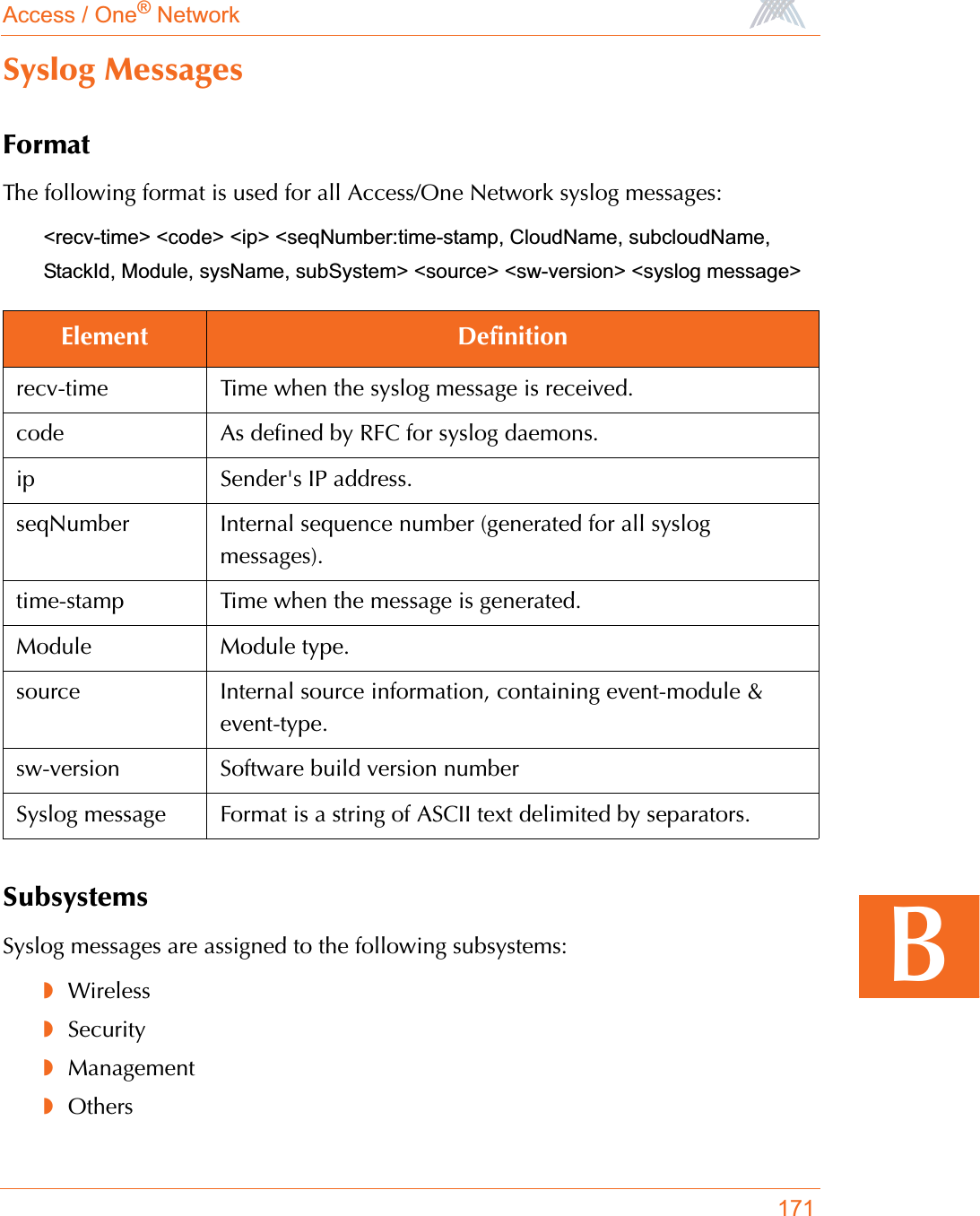 Access / One® Network171BSyslog MessagesFormatThe following format is used for all Access/One Network syslog messages:&lt;recv-time&gt; &lt;code&gt; &lt;ip&gt; &lt;seqNumber:time-stamp, CloudName, subcloudName, StackId, Module, sysName, subSystem&gt; &lt;source&gt; &lt;sw-version&gt; &lt;syslog message&gt;SubsystemsSyslog messages are assigned to the following subsystems:◗Wireless◗Security◗Management◗OthersElement Definitionrecv-time Time when the syslog message is received.code As defined by RFC for syslog daemons.ip Sender&apos;s IP address.seqNumber Internal sequence number (generated for all syslog messages).time-stamp Time when the message is generated.Module Module type.source Internal source information, containing event-module &amp; event-type.sw-version Software build version numberSyslog message Format is a string of ASCII text delimited by separators.