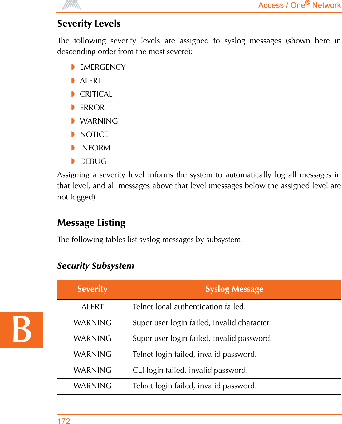 Access / One® Network172BSeverity LevelsThe following severity levels are assigned to syslog messages (shown here indescending order from the most severe):◗EMERGENCY◗ALERT◗CRITICAL◗ERROR◗WARNING◗NOTICE◗INFORM◗DEBUGAssigning a severity level informs the system to automatically log all messages inthat level, and all messages above that level (messages below the assigned level arenot logged).Message ListingThe following tables list syslog messages by subsystem.Security SubsystemSeverity Syslog MessageALERT Telnet local authentication failed.WARNING Super user login failed, invalid character.WARNING Super user login failed, invalid password.WARNING Telnet login failed, invalid password.WARNING CLI login failed, invalid password.WARNING Telnet login failed, invalid password.