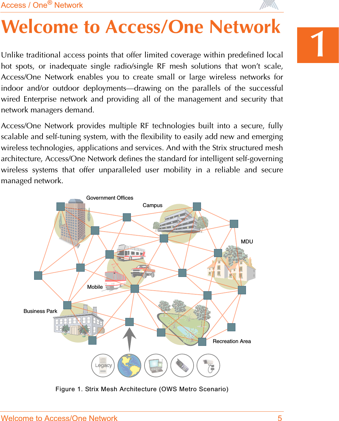 Access / One® NetworkWelcome to Access/One Network 51Welcome to Access/One NetworkUnlike traditional access points that offer limited coverage within predefined localhot spots, or inadequate single radio/single RF mesh solutions that won’t scale,Access/One Network enables you to create small or large wireless networks forindoor and/or outdoor deployments—drawing on the parallels of the successfulwired Enterprise network and providing all of the management and security thatnetwork managers demand.Access/One Network provides multiple RF technologies built into a secure, fullyscalable and self-tuning system, with the flexibility to easily add new and emergingwireless technologies, applications and services. And with the Strix structured mesharchitecture, Access/One Network defines the standard for intelligent self-governingwireless systems that offer unparalleled user mobility in a reliable and securemanaged network.Figure 1. Strix Mesh Architecture (OWS Metro Scenario)Recreation AreaBusiness ParkMobileGovernment OfficesCampusMDULegacyegaaeaaaaaeggggeeeeeaaaaa