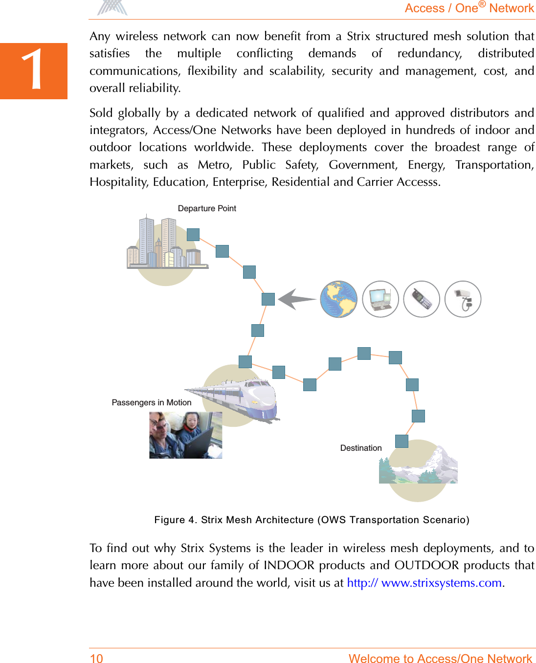 Access / One® Network10 Welcome to Access/One Network1Any wireless network can now benefit from a Strix structured mesh solution thatsatisfies the multiple conflicting demands of redundancy, distributedcommunications, flexibility and scalability, security and management, cost, andoverall reliability.Sold globally by a dedicated network of qualified and approved distributors andintegrators, Access/One Networks have been deployed in hundreds of indoor andoutdoor locations worldwide. These deployments cover the broadest range ofmarkets, such as Metro, Public Safety, Government, Energy, Transportation,Hospitality, Education, Enterprise, Residential and Carrier Accesss.Figure 4. Strix Mesh Architecture (OWS Transportation Scenario)To find out why Strix Systems is the leader in wireless mesh deployments, and tolearn more about our family of INDOOR products and OUTDOOR products thathave been installed around the world, visit us at http:// www.strixsystems.com.Passengers in MotionDestinationDeparture Point