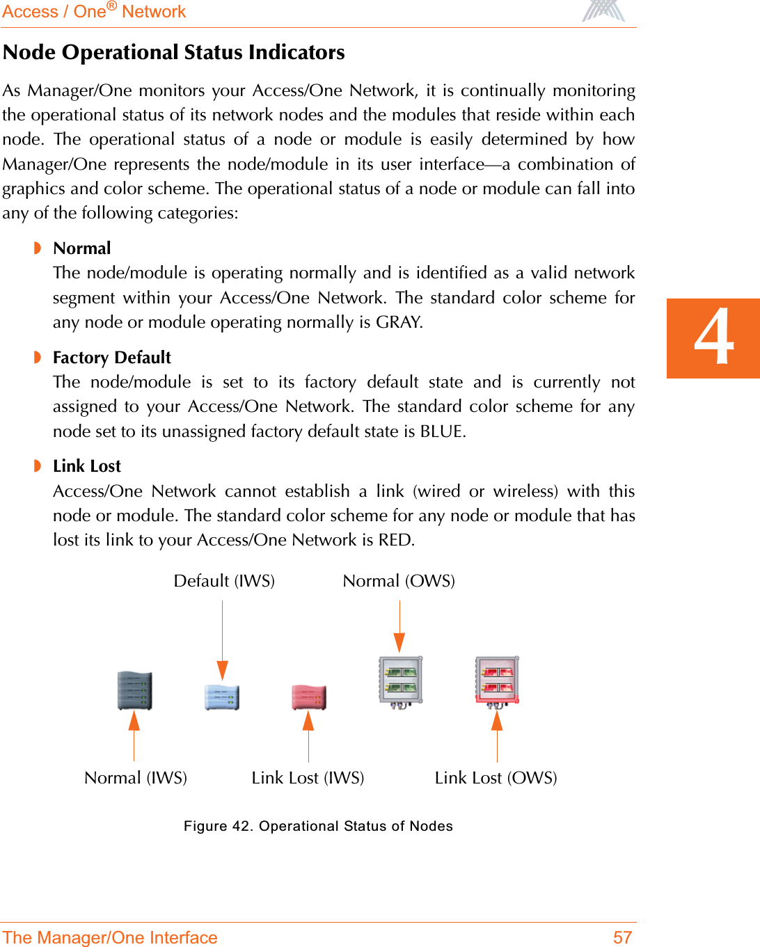 Access / One® NetworkThe Manager/One Interface 574Node Operational Status IndicatorsAs Manager/One monitors your Access/One Network, it is continually monitoringthe operational status of its network nodes and the modules that reside within eachnode. The operational status of a node or module is easily determined by howManager/One represents the node/module in its user interface—a combination ofgraphics and color scheme. The operational status of a node or module can fall intoany of the following categories:◗NormalThe node/module is operating normally and is identified as a valid networksegment within your Access/One Network. The standard color scheme forany node or module operating normally is GRAY.◗Factory DefaultThe node/module is set to its factory default state and is currently notassigned to your Access/One Network. The standard color scheme for anynode set to its unassigned factory default state is BLUE.◗Link LostAccess/One Network cannot establish a link (wired or wireless) with thisnode or module. The standard color scheme for any node or module that haslost its link to your Access/One Network is RED.Figure 42. Operational Status of NodesNormal (IWS)Default (IWS)Link Lost (IWS) Link Lost (OWS)Normal (OWS)