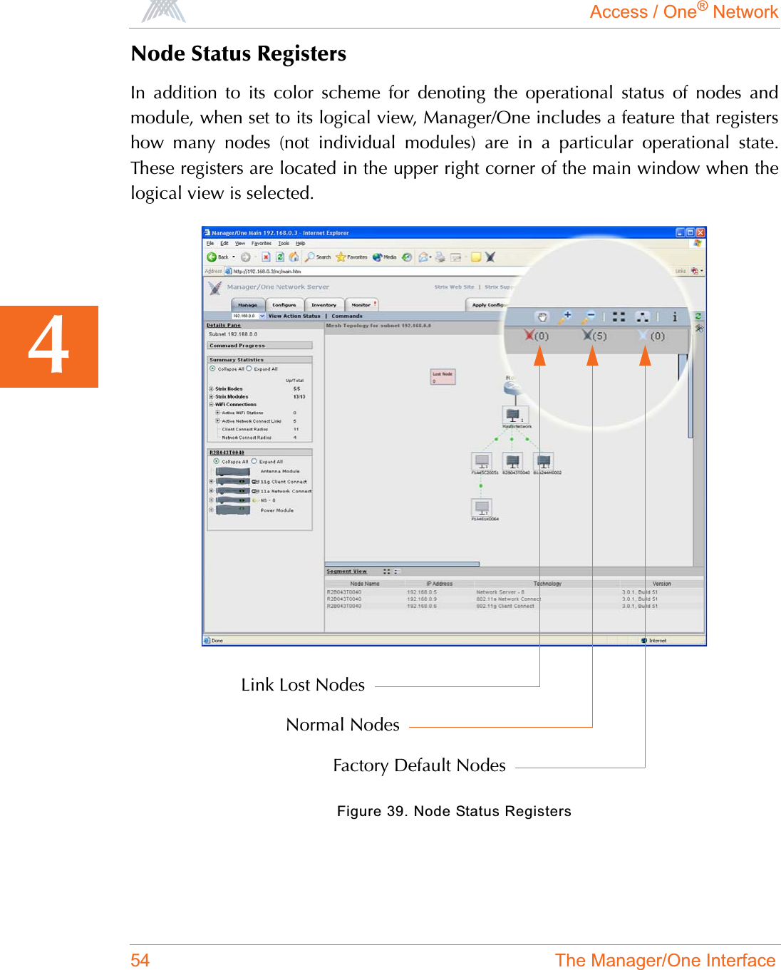 Access / One® Network54 The Manager/One Interface4Node Status RegistersIn addition to its color scheme for denoting the operational status of nodes andmodule, when set to its logical view, Manager/One includes a feature that registershow many nodes (not individual modules) are in a particular operational state.These registers are located in the upper right corner of the main window when thelogical view is selected.Figure 39. Node Status RegistersLink Lost NodesNormal NodesFactory Default Nodes