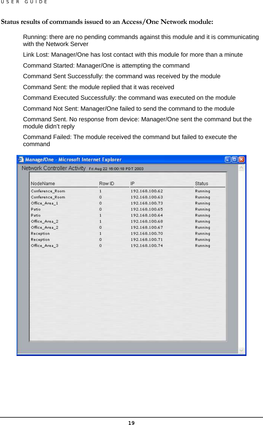 USER GUIDE Status results of commands issued to an Access/One Network module: Running: there are no pending commands against this module and it is communicating with the Network Server Link Lost: Manager/One has lost contact with this module for more than a minute Command Started: Manager/One is attempting the command Command Sent Successfully: the command was received by the module  Command Sent: the module replied that it was received Command Executed Successfully: the command was executed on the module Command Not Sent: Manager/One failed to send the command to the module Command Sent. No response from device: Manager/One sent the command but the module didn’t reply Command Failed: The module received the command but failed to execute the command     19 