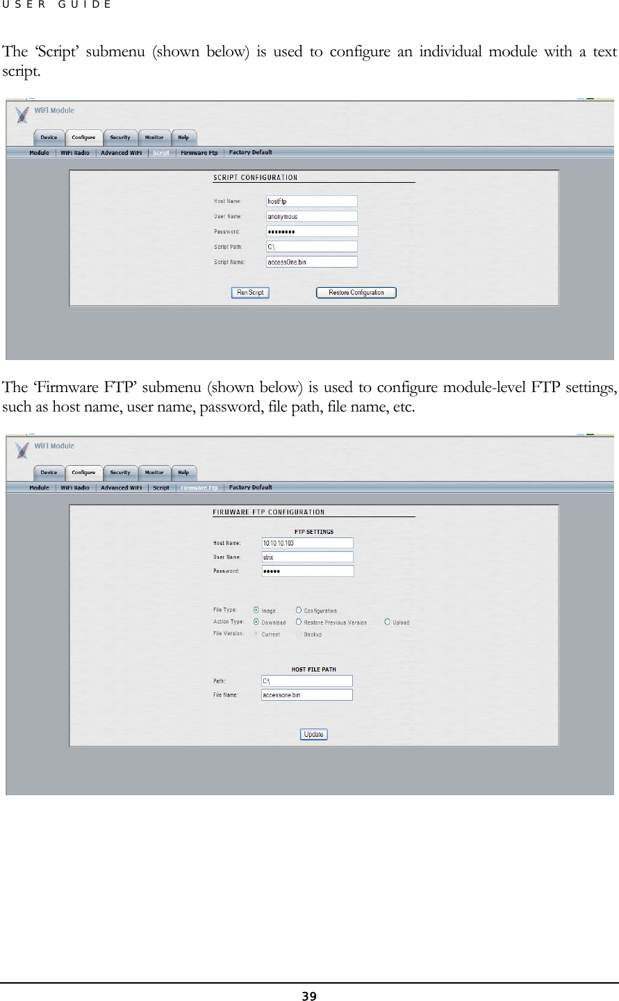 USER GUIDE The ‘Script’ submenu (shown below) is used to configure an individual module with a text script.  The ‘Firmware FTP’ submenu (shown below) is used to configure module-level FTP settings, such as host name, user name, password, file path, file name, etc.      39 