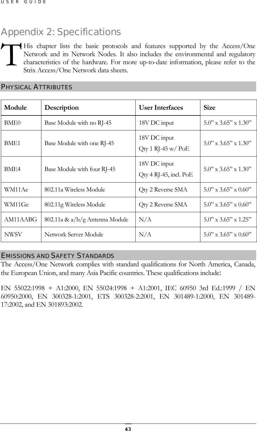 USER GUIDE AppenHis chapter lists the basic protocols and features supported by the Access/One Network and its Network Nodes. It also includes the environmental and regulatory characteristics of the hardware. For more up-to-date information, please refer to the Strix Access/One Network data sheets. dix 2: Specifications T PHYSICAL ATTRIBUTES  Module Description  User Interfaces  Size BME0  Base Module with no RJ-45  18V DC input  5.0” x 3.65” x 1.30” BME1  Base Module with one RJ-45  18V DC input Qty 1 RJ-45 w/ PoE  5.0” x 3.65” x 1.30” BME4  Base Module with four RJ-45  18V DC input Qty 4 RJ-45, incl. PoE  5.0” x 3.65” x 1.30” WM11Ae  802.11a Wireless Module  Qty 2 Reverse SMA  5.0” x 3.65” x 0.60” WM11Ge  802.11g Wireless Module  Qty 2 Reverse SMA  5.0” x 3.65” x 0.60” AM11AABG  802.11a &amp; a/b/g Antenna Module  N/A  5.0” x 3.65” x 1.25” NWSV  Network Server Module  N/A  5.0” x 3.65” x 0.60”  EMISSIONS AND SAFETY STANDARDS  The Access/One Network complies with standard qualifications for North America, Canada, the European Union, and many Asia Pacific countries. These qualifications include: EN 55022:1998 + A1:2000, EN 55024:1998 + A1:2001, IEC 60950 3rd Ed.:1999 / EN 60950:2000, EN 300328-1:2001, ETS 300328-2:2001, EN 301489-1:2000, EN 301489-17:2002, and EN 301893:2002.        43