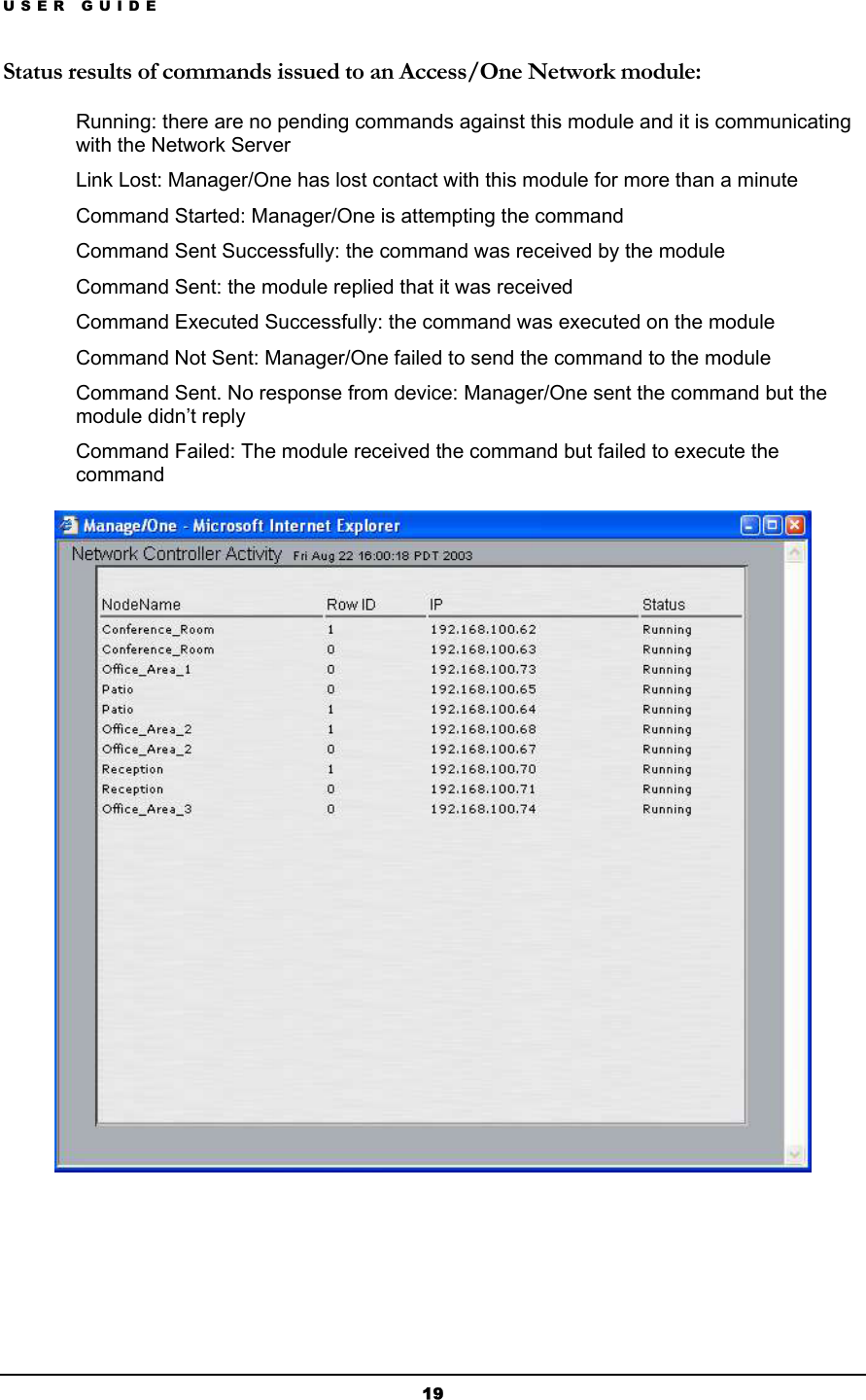 USER GUIDE Status results of commands issued to an Access/One Network module: Running: there are no pending commands against this module and it is communicating with the Network Server Link Lost: Manager/One has lost contact with this module for more than a minute Command Started: Manager/One is attempting the command Command Sent Successfully: the command was received by the module  Command Sent: the module replied that it was received Command Executed Successfully: the command was executed on the module Command Not Sent: Manager/One failed to send the command to the module Command Sent. No response from device: Manager/One sent the command but the module didn’t reply Command Failed: The module received the command but failed to execute the command     19 