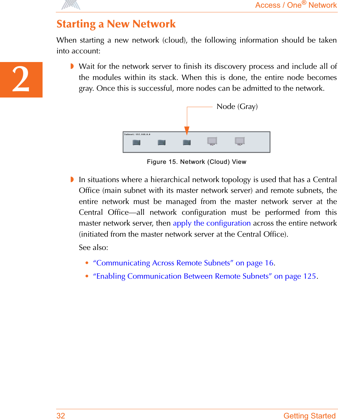 Access / One® Network32 Getting Started2Starting a New NetworkWhen starting a new network (cloud), the following information should be takeninto account:◗Wait for the network server to finish its discovery process and include all ofthe modules within its stack. When this is done, the entire node becomesgray. Once this is successful, more nodes can be admitted to the network.Figure 15. Network (Cloud) View◗In situations where a hierarchical network topology is used that has a CentralOffice (main subnet with its master network server) and remote subnets, theentire network must be managed from the master network server at theCentral Office—all network configuration must be performed from thismaster network server, then apply the configuration across the entire network(initiated from the master network server at the Central Office).See also:•“Communicating Across Remote Subnets” on page 16.•“Enabling Communication Between Remote Subnets” on page 125.Node (Gray)