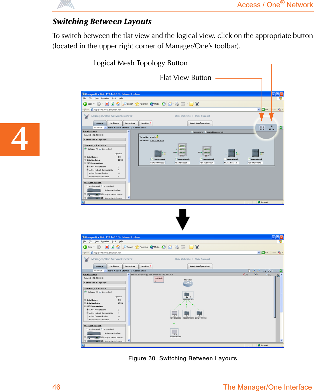 Access / One® Network46 The Manager/One Interface4Switching Between LayoutsTo switch between the flat view and the logical view, click on the appropriate button(located in the upper right corner of Manager/One’s toolbar).Figure 30. Switching Between LayoutsLogical Mesh Topology ButtonFlat View Button