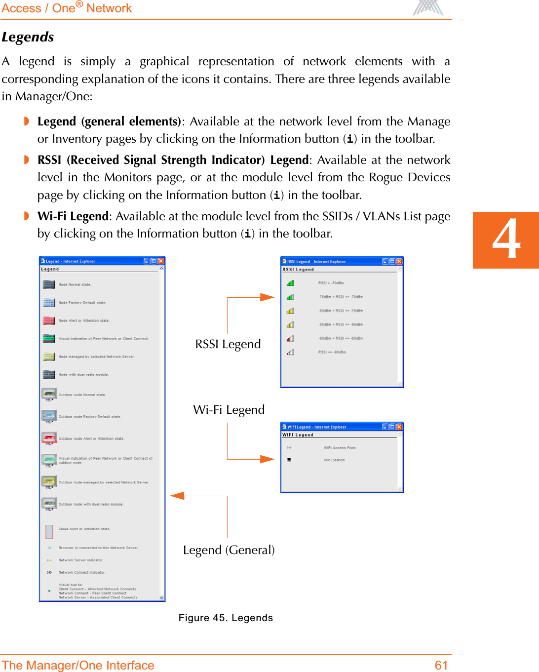 Access / One® NetworkThe Manager/One Interface 614LegendsA legend is simply a graphical representation of network elements with acorresponding explanation of the icons it contains. There are three legends availablein Manager/One:◗Legend (general elements): Available at the network level from the Manageor Inventory pages by clicking on the Information button (i) in the toolbar.◗RSSI (Received Signal Strength Indicator) Legend: Available at the networklevel in the Monitors page, or at the module level from the Rogue Devicespage by clicking on the Information button (i) in the toolbar.◗Wi-Fi Legend: Available at the module level from the SSIDs / VLANs List pageby clicking on the Information button (i) in the toolbar.Figure 45. LegendsRSSI LegendLegend (General)Wi-Fi Legend