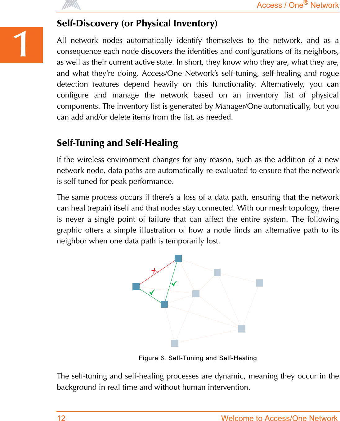 Access / One® Network12 Welcome to Access/One Network1Self-Discovery (or Physical Inventory)All network nodes automatically identify themselves to the network, and as aconsequence each node discovers the identities and configurations of its neighbors,as well as their current active state. In short, they know who they are, what they are,and what they’re doing. Access/One Network’s self-tuning, self-healing and roguedetection features depend heavily on this functionality. Alternatively, you canconfigure and manage the network based on an inventory list of physicalcomponents. The inventory list is generated by Manager/One automatically, but youcan add and/or delete items from the list, as needed.Self-Tuning and Self-HealingIf the wireless environment changes for any reason, such as the addition of a newnetwork node, data paths are automatically re-evaluated to ensure that the networkis self-tuned for peak performance.The same process occurs if there’s a loss of a data path, ensuring that the networkcan heal (repair) itself and that nodes stay connected. With our mesh topology, thereis never a single point of failure that can affect the entire system. The followinggraphic offers a simple illustration of how a node finds an alternative path to itsneighbor when one data path is temporarily lost.Figure 6. Self-Tuning and Self-HealingThe self-tuning and self-healing processes are dynamic, meaning they occur in thebackground in real time and without human intervention.