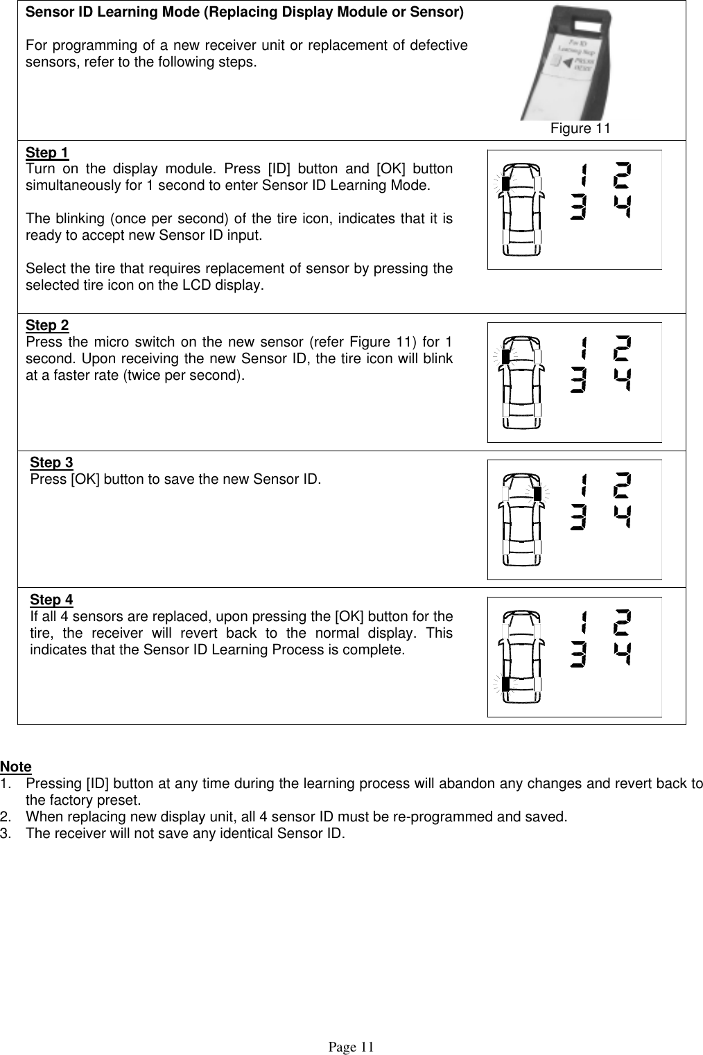 Sensor ID Learning Mode (Replacing Display Module or Sensor)  For programming of a new receiver unit or replacement of defective sensors, refer to the following steps.   Figure 11 Step 1 Turn on the display module. Press [ID] button and [OK] button simultaneously for 1 second to enter Sensor ID Learning Mode.  The blinking (once per second) of the tire icon, indicates that it is ready to accept new Sensor ID input.  Select the tire that requires replacement of sensor by pressing the selected tire icon on the LCD display.   Step 2 Press the micro switch on the new sensor (refer Figure 11) for 1 second. Upon receiving the new Sensor ID, the tire icon will blink at a faster rate (twice per second).   Step 3 Press [OK] button to save the new Sensor ID.   Step 4 If all 4 sensors are replaced, upon pressing the [OK] button for the tire, the receiver will revert back to the normal display. This indicates that the Sensor ID Learning Process is complete.      Note 1.  Pressing [ID] button at any time during the learning process will abandon any changes and revert back to the factory preset. 2.  When replacing new display unit, all 4 sensor ID must be re-programmed and saved. 3.  The receiver will not save any identical Sensor ID.Page 11 