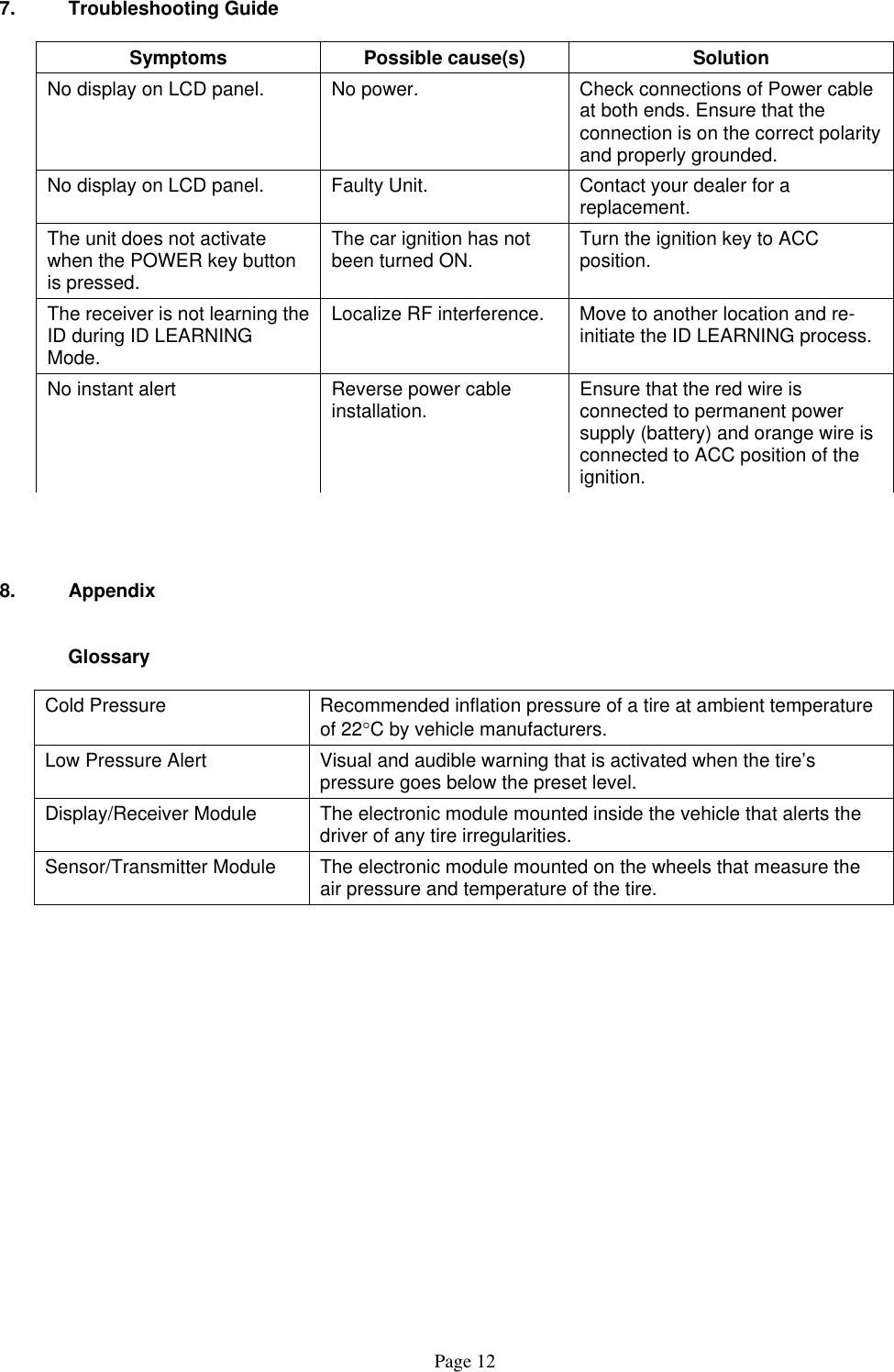  7. Troubleshooting Guide  Symptoms Possible cause(s)  Solution No display on LCD panel.  No power.  Check connections of Power cable at both ends. Ensure that the connection is on the correct polarity and properly grounded. No display on LCD panel.  Faulty Unit.  Contact your dealer for a replacement. The unit does not activate when the POWER key button is pressed.  The car ignition has not been turned ON.  Turn the ignition key to ACC position. The receiver is not learning the ID during ID LEARNING Mode. Localize RF interference.  Move to another location and re-initiate the ID LEARNING process. No instant alert  Reverse power cable installation.  Ensure that the red wire is connected to permanent power supply (battery) and orange wire is connected to ACC position of the ignition.     8. Appendix   Glossary  Cold Pressure  Recommended inflation pressure of a tire at ambient temperature of 22°C by vehicle manufacturers. Low Pressure Alert  Visual and audible warning that is activated when the tire’s pressure goes below the preset level. Display/Receiver Module  The electronic module mounted inside the vehicle that alerts the driver of any tire irregularities. Sensor/Transmitter Module  The electronic module mounted on the wheels that measure the air pressure and temperature of the tire.   Page 12 