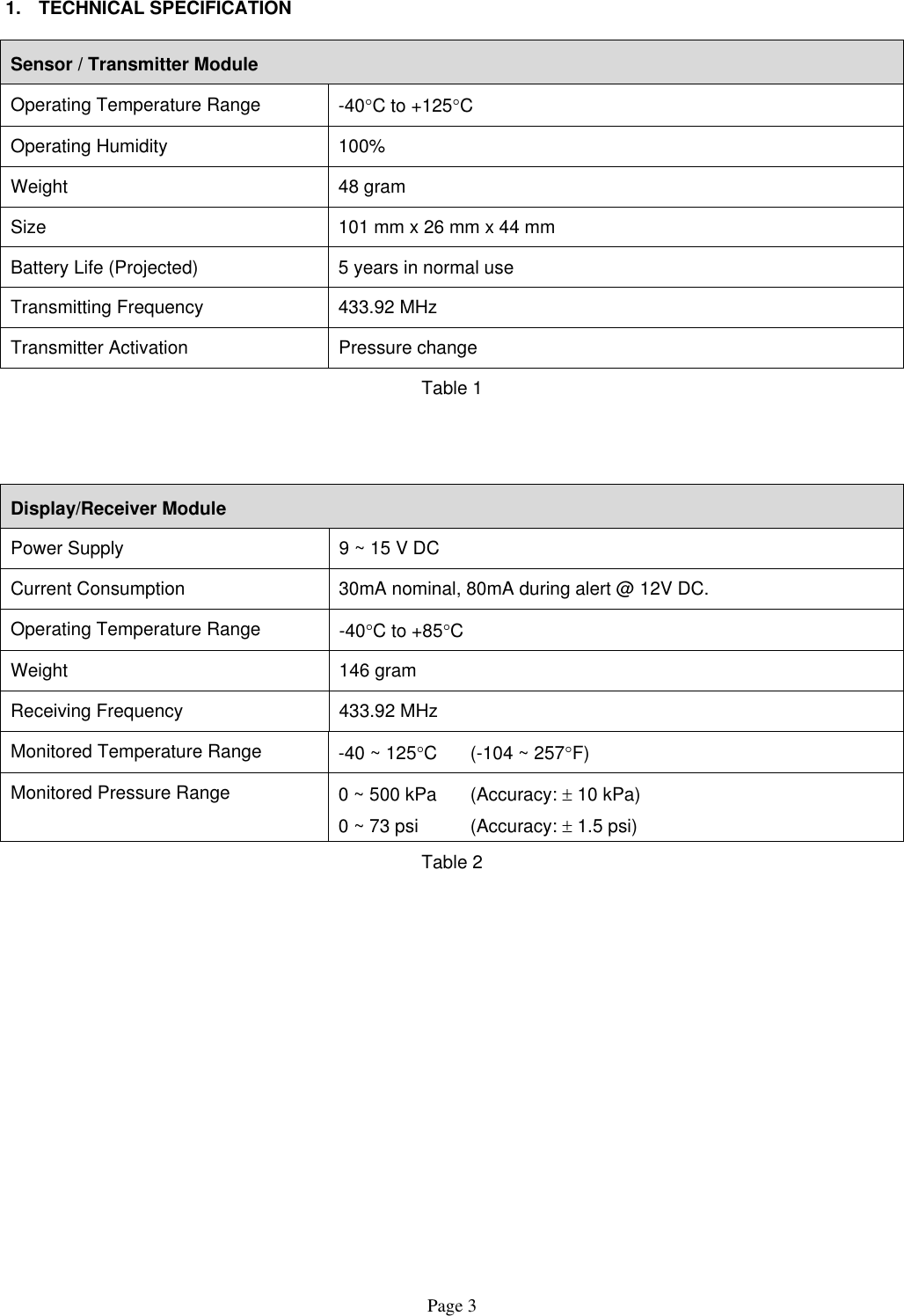  1. TECHNICAL SPECIFICATION  Sensor / Transmitter Module Operating Temperature Range  -40°C to +125°C Operating Humidity  100% Weight 48 gram Size  101 mm x 26 mm x 44 mm  Battery Life (Projected)  5 years in normal use Transmitting Frequency  433.92 MHz Transmitter Activation  Pressure change Table 1  Display/Receiver Module Power Supply  9 ~ 15 V DC Current Consumption  30mA nominal, 80mA during alert @ 12V DC. Operating Temperature Range  -40°C to +85°C Weight 146 gram Receiving Frequency  433.92 MHz  Monitored Temperature Range  -40 ~ 125°C  (-104 ~ 257°F) Monitored Pressure Range  0 ~ 500 kPa  (Accuracy: ± 10 kPa) 0 ~ 73 psi  (Accuracy: ± 1.5 psi) Table 2 Page 3 