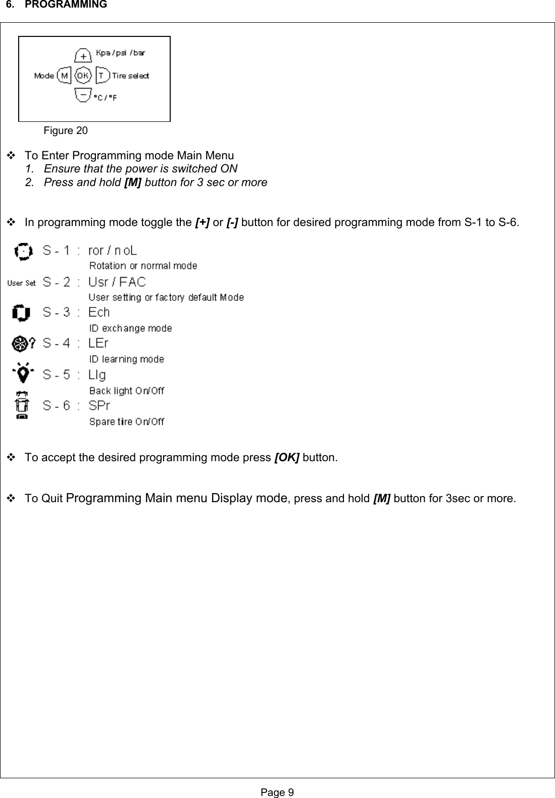 6. PROGRAMMING                       Figure 20   To Enter Programming mode Main Menu 1.  Ensure that the power is switched ON 2.  Press and hold [M] button for 3 sec or more    In programming mode toggle the [+] or [-] button for desired programming mode from S-1 to S-6.      To accept the desired programming mode press [OK] button.    To Quit Programming Main menu Display mode, press and hold [M] button for 3sec or more.    Page 9  