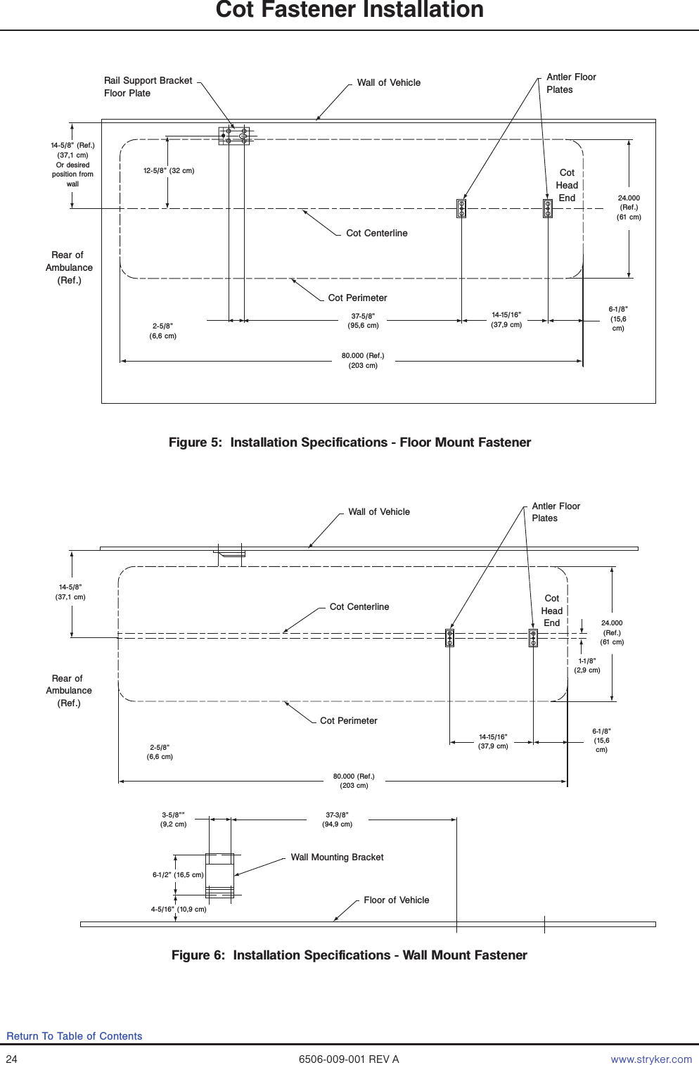 24 6506-009-001 REV A www.stryker.comReturn To Table of ContentsFigure 5:  Installation Specifications - Floor Mount FastenerFigure 6:  Installation Specifications - Wall Mount FastenerCot Fastener InstallationWall of Vehicle Antler Floor PlatesCot CenterlineCot Perimeter24.000(Ref.)(61 cm)6-1/8”(15,6 cm)14-15/16”(37,9 cm)80.000 (Ref.)(203 cm)2-5/8”(6,6 cm)CotHeadEnd14-5/8”(37,1 cm)Rear of Ambulance(Ref.)1-1/8”(2,9 cm)3-5/8””(9,2 cm)Wall Mounting BracketFloor of Vehicle37-3/8”(94,9 cm)6-1/2” (16,5 cm)4-5/16” (10,9 cm)Wall of VehicleRail Support Bracket Floor Plate Antler Floor PlatesCot CenterlineCot Perimeter12-5/8” (32 cm)24.000(Ref.)(61 cm)6-1/8”(15,6 cm)14-15/16”(37,9 cm)37-5/8”(95,6 cm)80.000 (Ref.)(203 cm)2-5/8”(6,6 cm)CotHeadEnd14-5/8” (Ref.)(37,1 cm)Or desired position fromwallRear of Ambulance(Ref.)