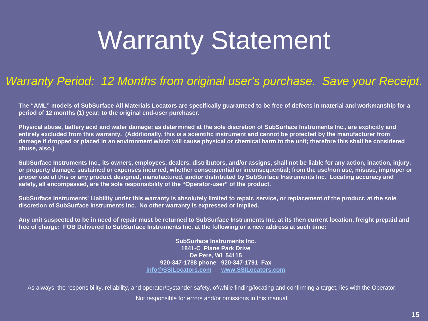 SubSurface Instruments AML Underground Material Locator User Manual