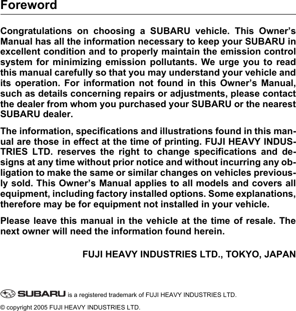 Subaru 2006 B9 Tribeca Owners Manual