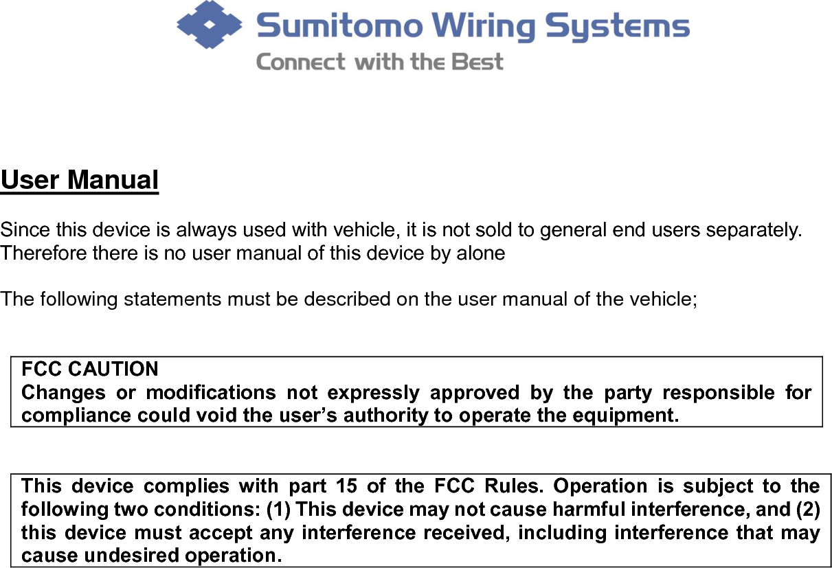 Sumitomo Wiring Systems HAR0004 UNIT ASSY, BCM User Manual