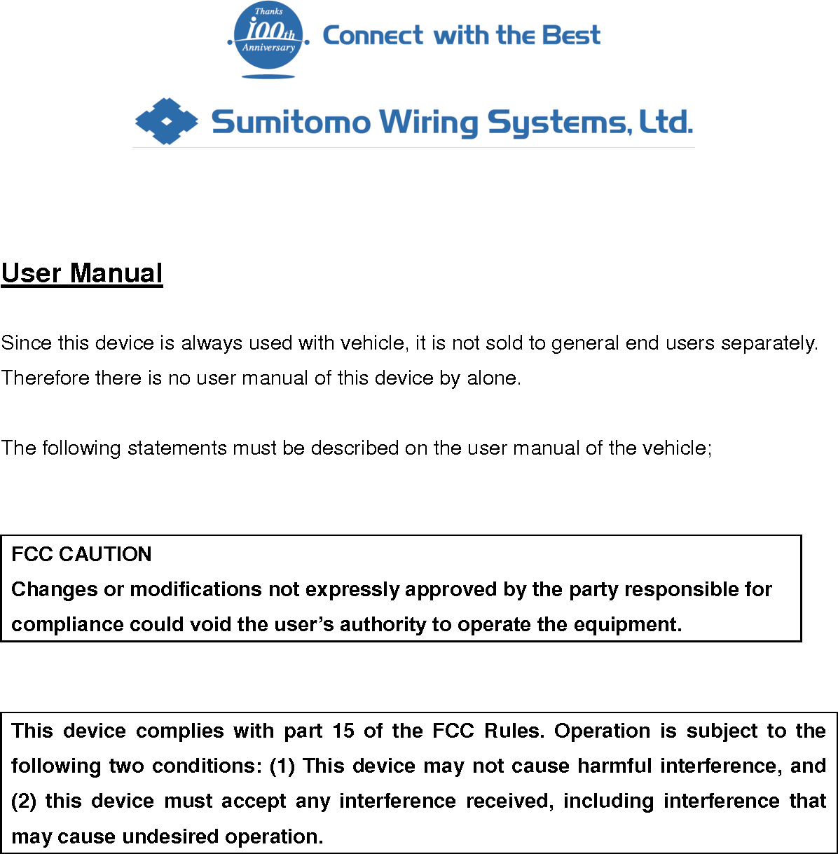 Sumitomo Wiring Systems K52RA BCM(Body Control Module) User Manual